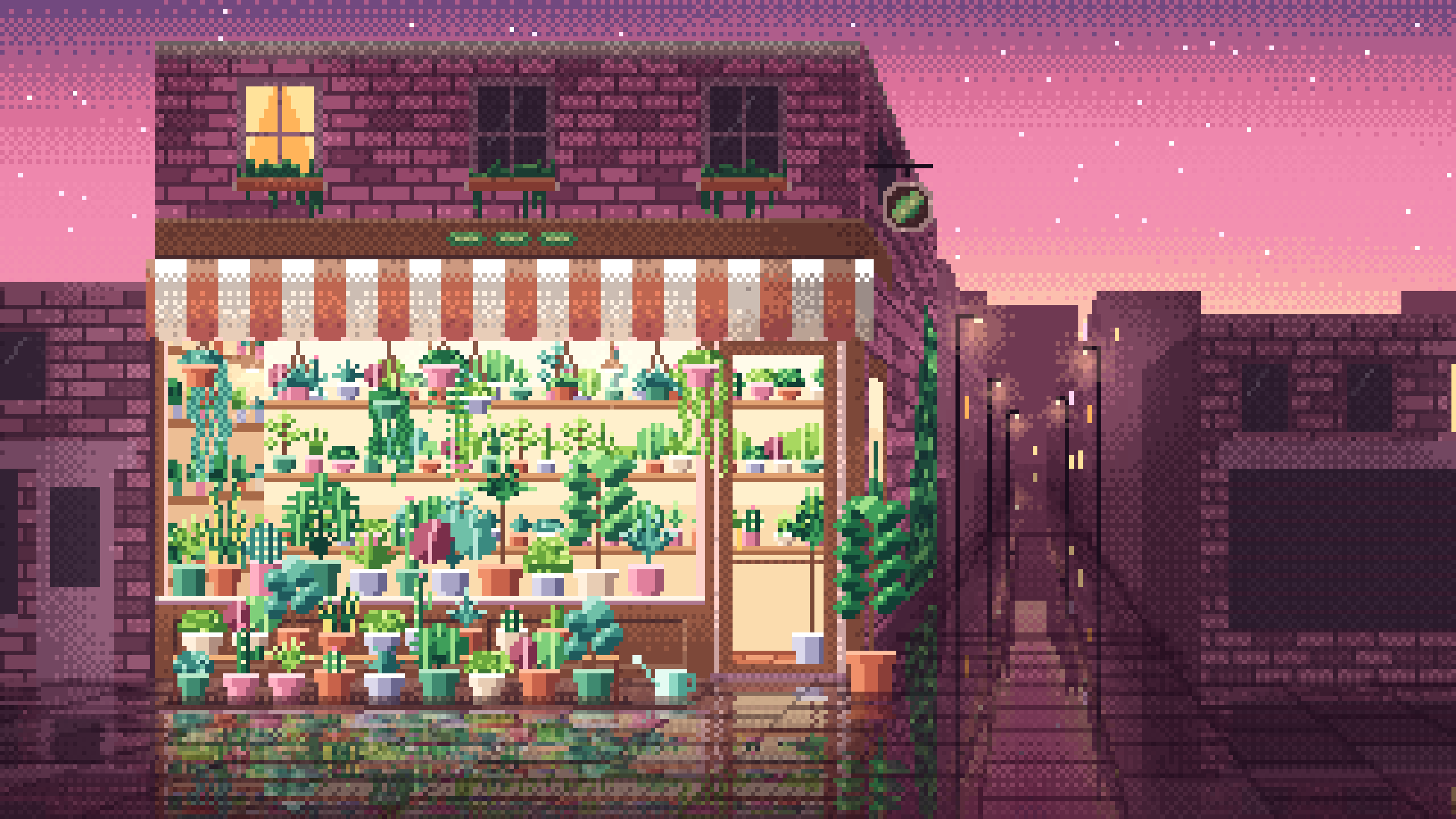 Pink Pixel Art Corner Plant Shop desktop wallpaper in 4K
