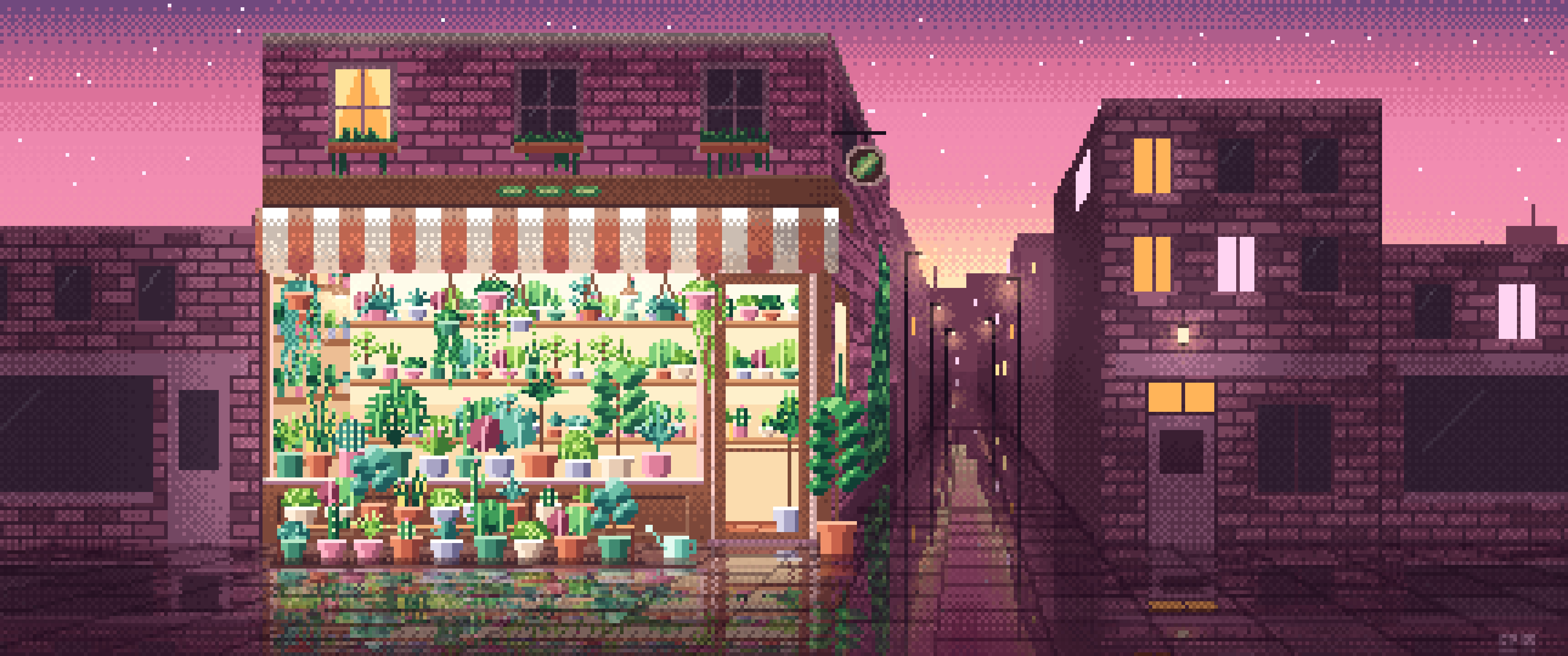 Pink Pixel Art Corner Plant Shop ultrawide wallpaper, 3440 × 1440