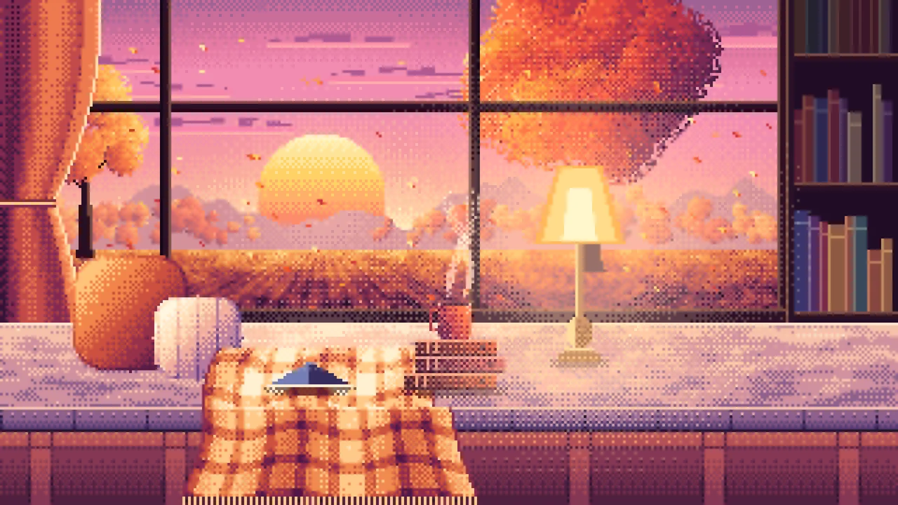 Pink Pixel Art Cozy Fall Reading Nook at Sunset desktop wallpaper in 4K