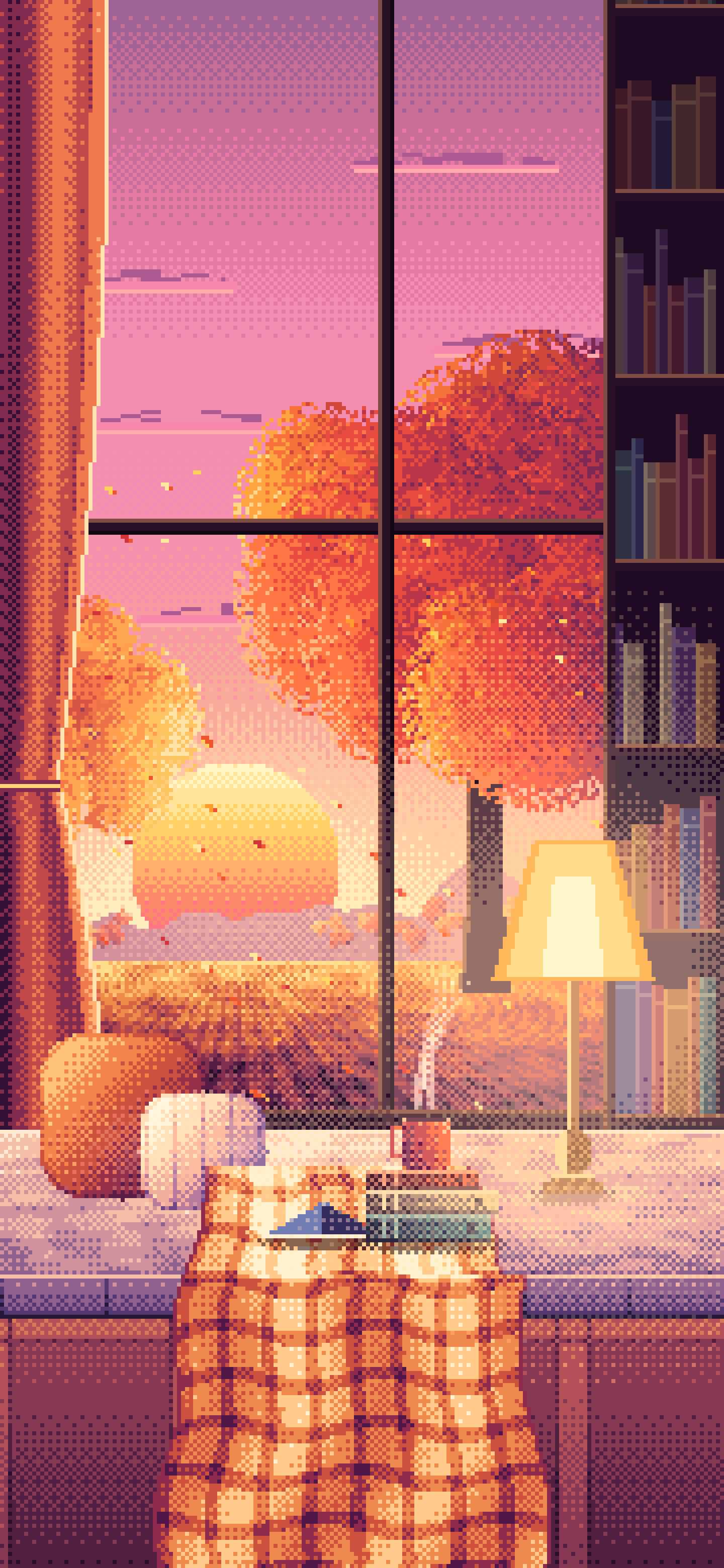 Pink Pixel Art Cozy Fall Reading Nook at Sunset wallpaper for iPhone and Android