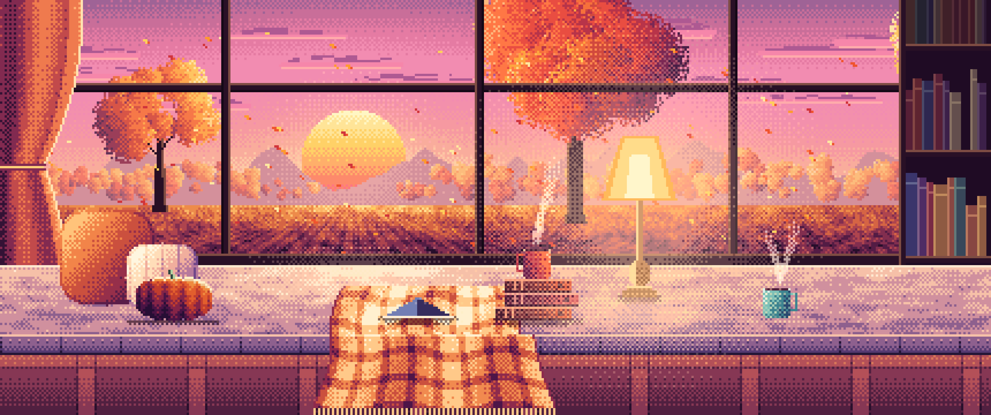 Pink Pixel Art Cozy Fall Reading Nook at Sunset ultrawide wallpaper, 3440 × 1440