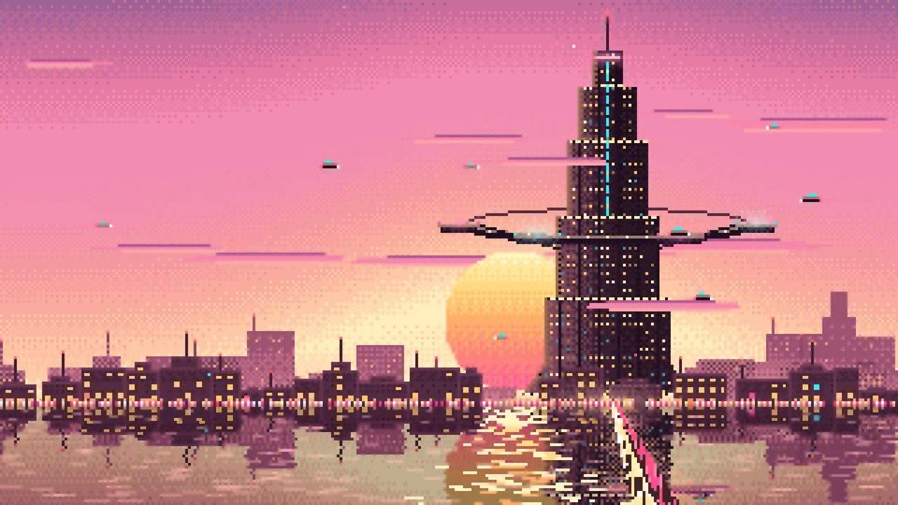 Pink Pixel Art Cyberpunk Megatower at Dusk desktop wallpaper in 4K
