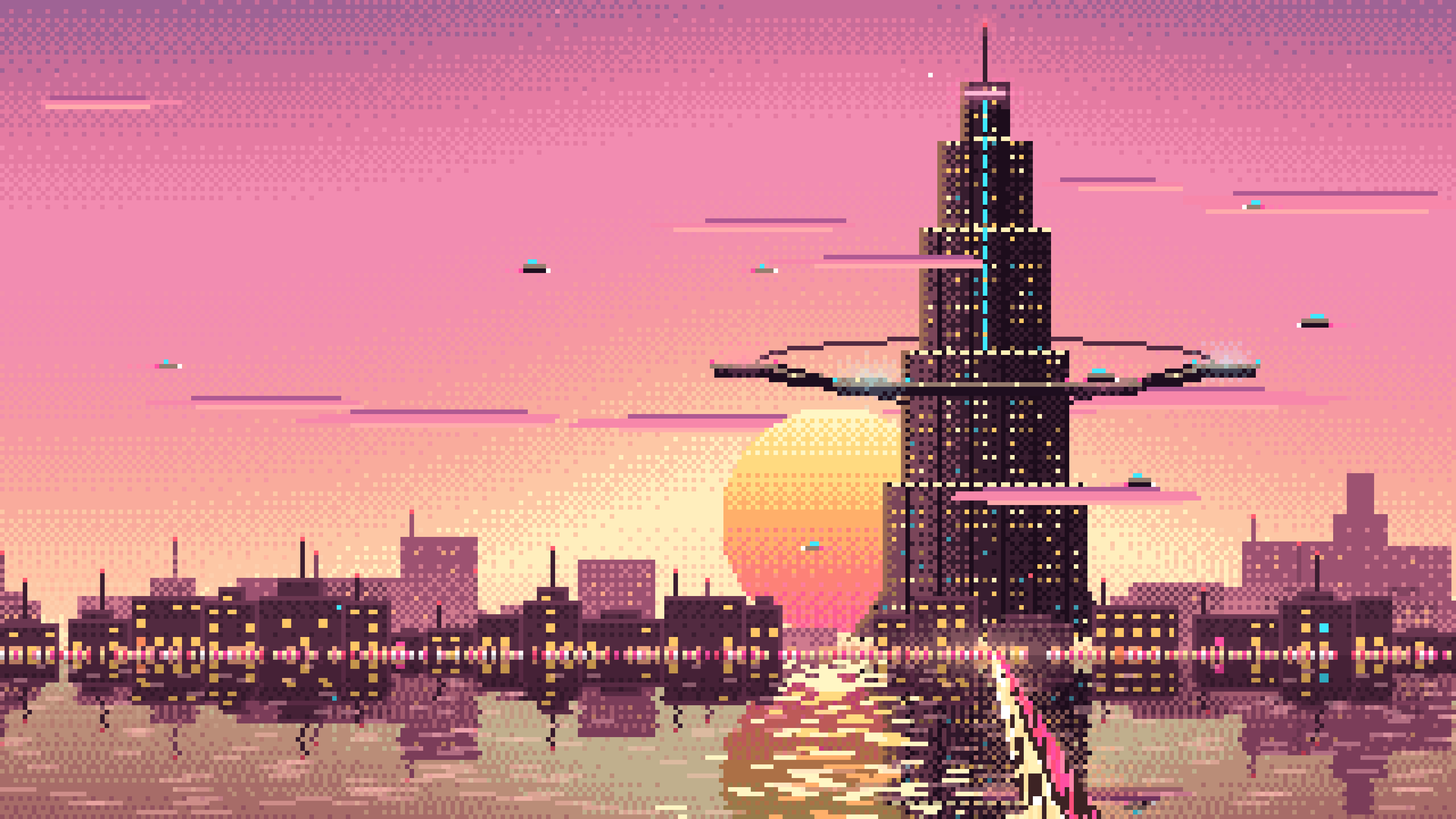 Pink Pixel Art Cyberpunk Megatower at Dusk desktop wallpaper in 4K