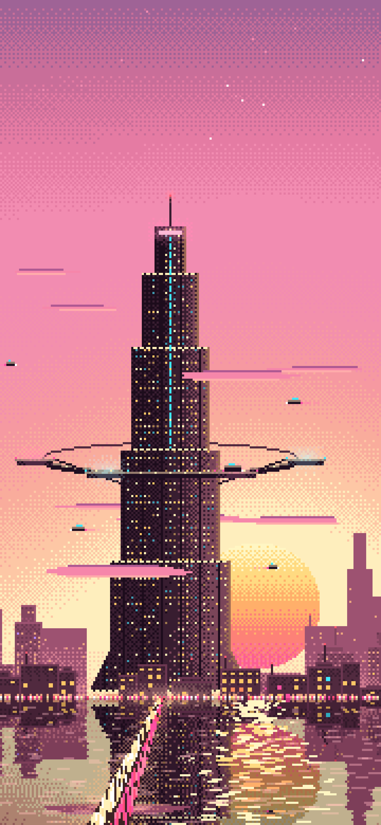 Pink Pixel Art Cyberpunk Megatower at Dusk wallpaper for iPhone and Android