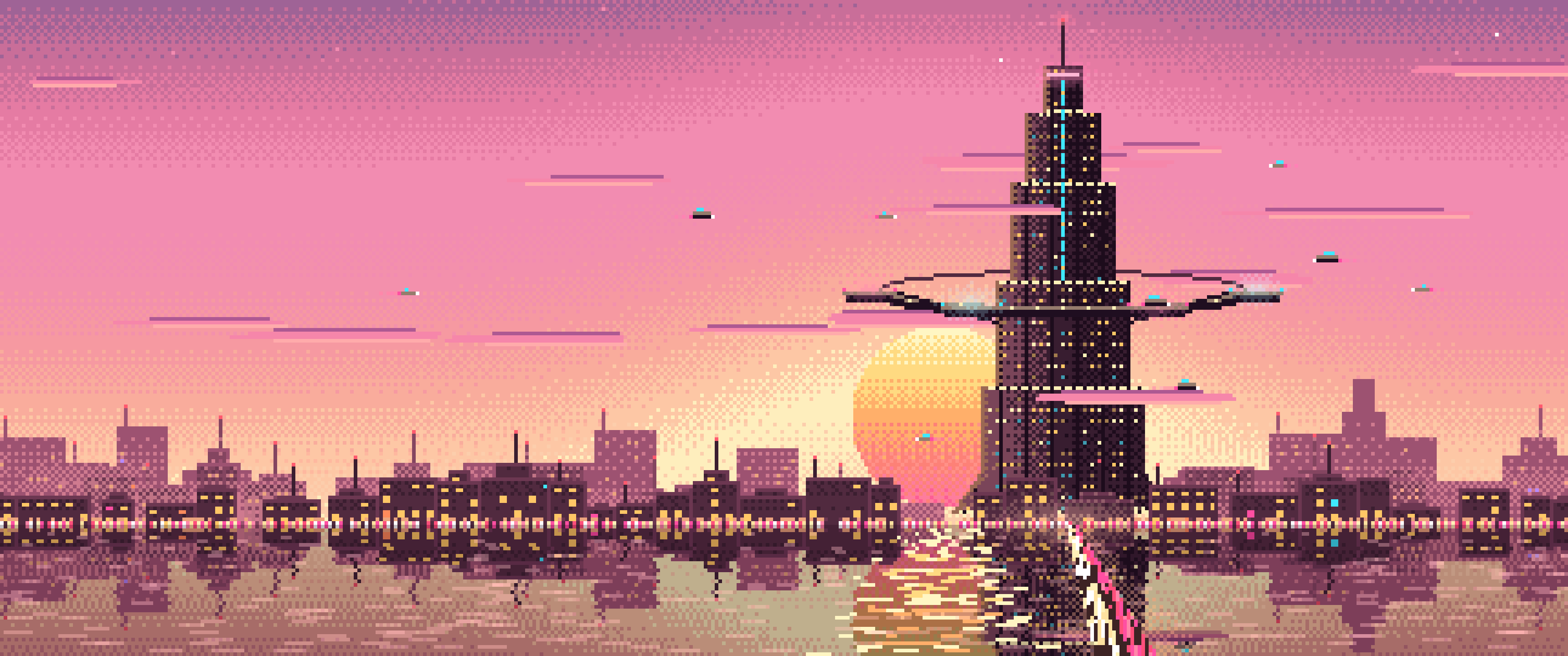 Pink Pixel Art Cyberpunk Megatower at Dusk ultrawide wallpaper, 3440 × 1440