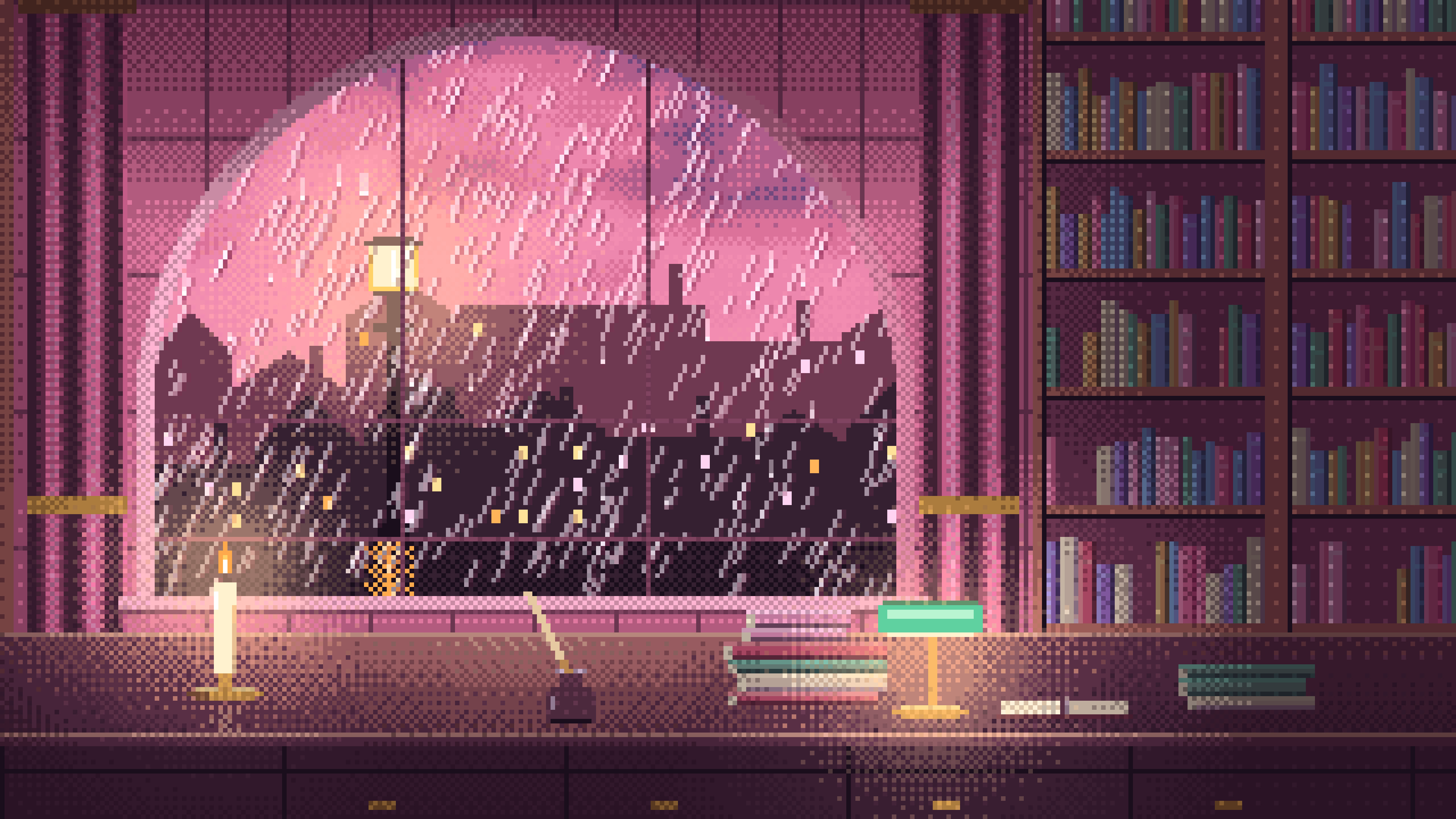 Pink Pixel Art Dark Academia Study Window in the Rain desktop wallpaper in 4K