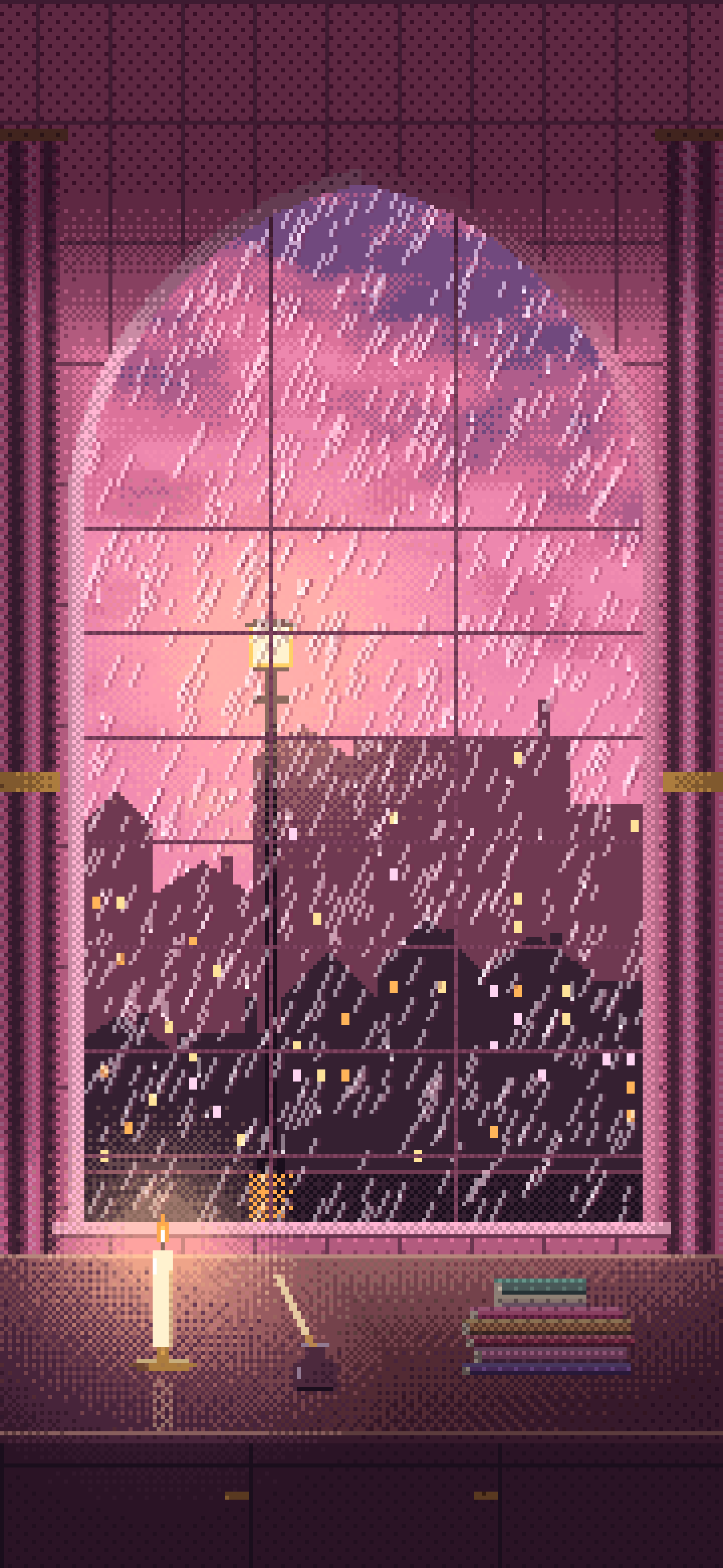 Pink Pixel Art Dark Academia Study Window in the Rain wallpaper for iPhone and Android