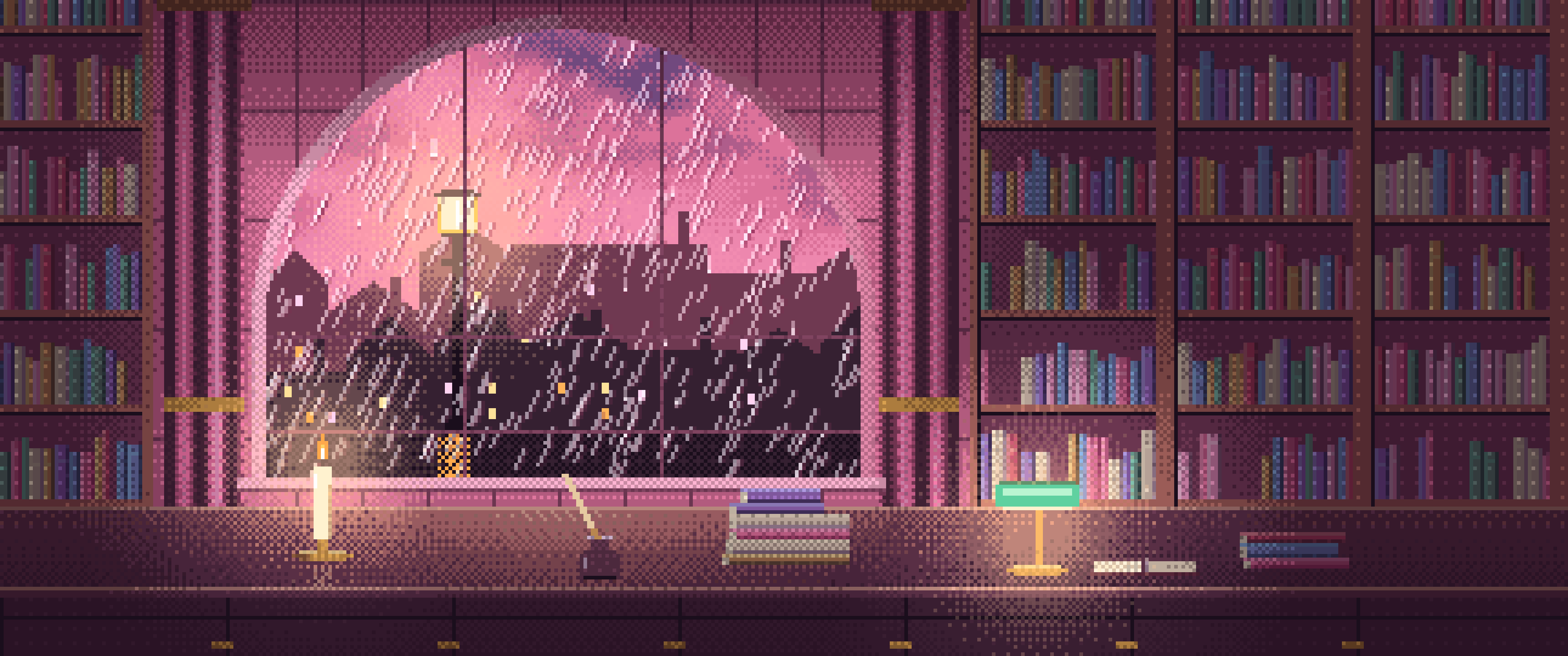 Pink Pixel Art Dark Academia Study Window in the Rain ultrawide wallpaper, 3440 × 1440