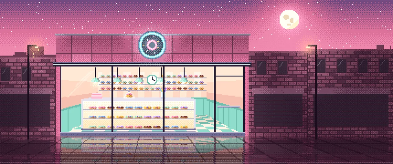 Pink Pixel Art Donut Shop ultrawide wallpaper, 3440 × 1440