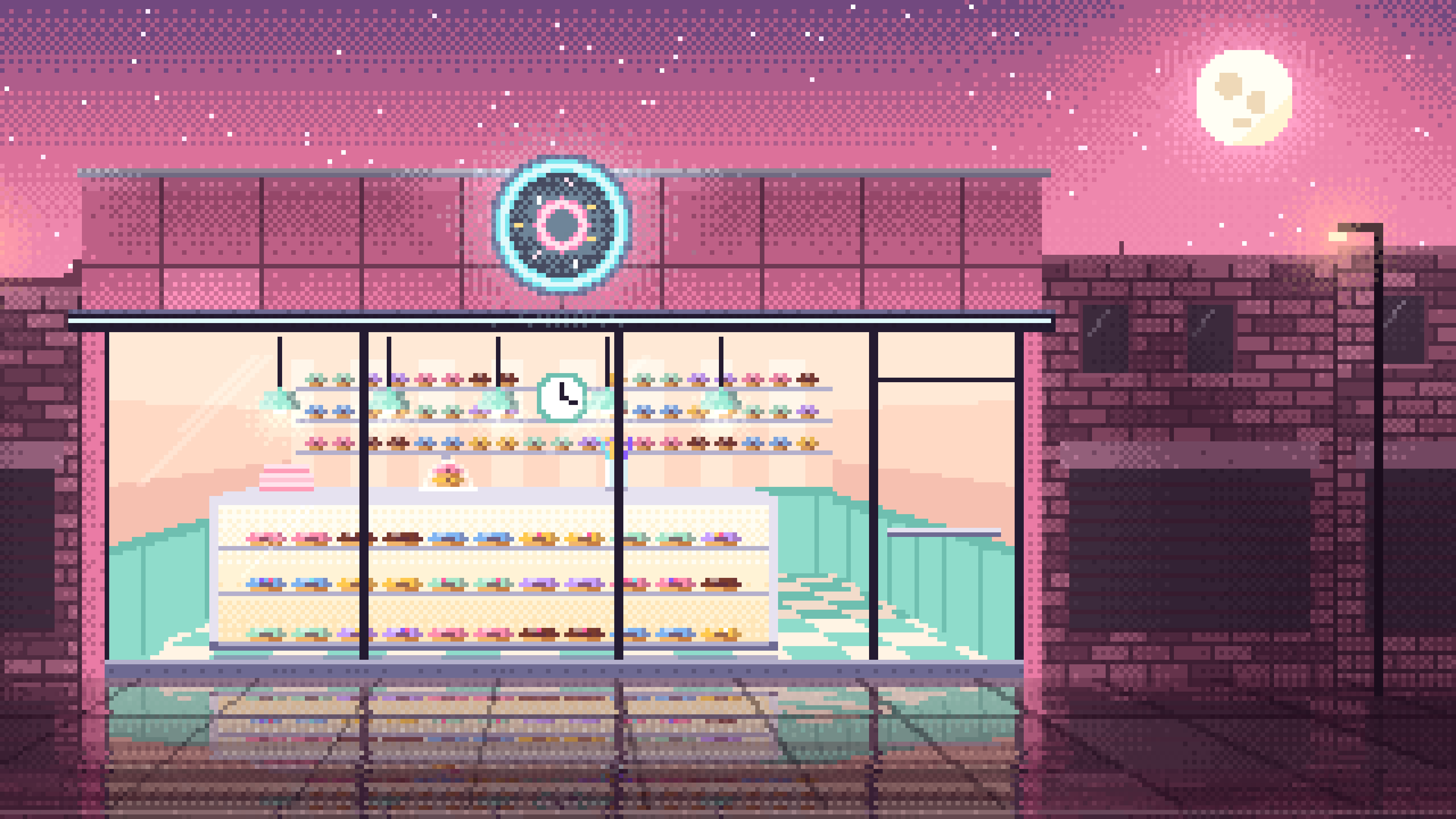 Pink Pixel Art Donut Shop desktop wallpaper in 4K