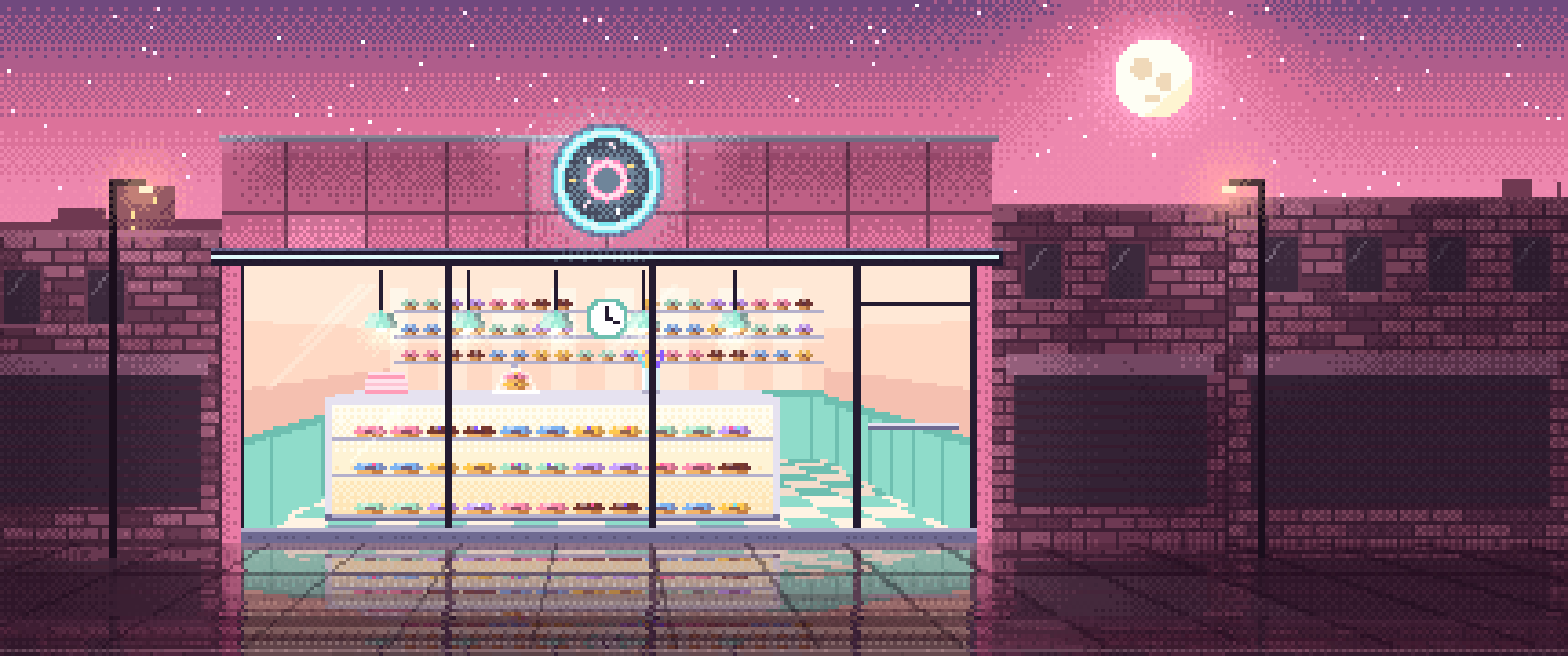Pink Pixel Art Donut Shop ultrawide wallpaper, 3440 × 1440