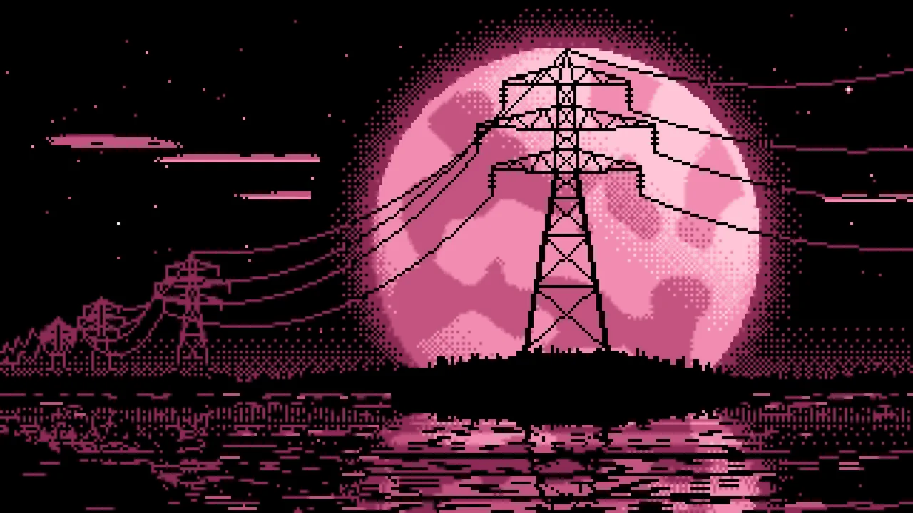 Pink Pixel Art Electricity Pylon and Full Moon desktop wallpaper in 4K