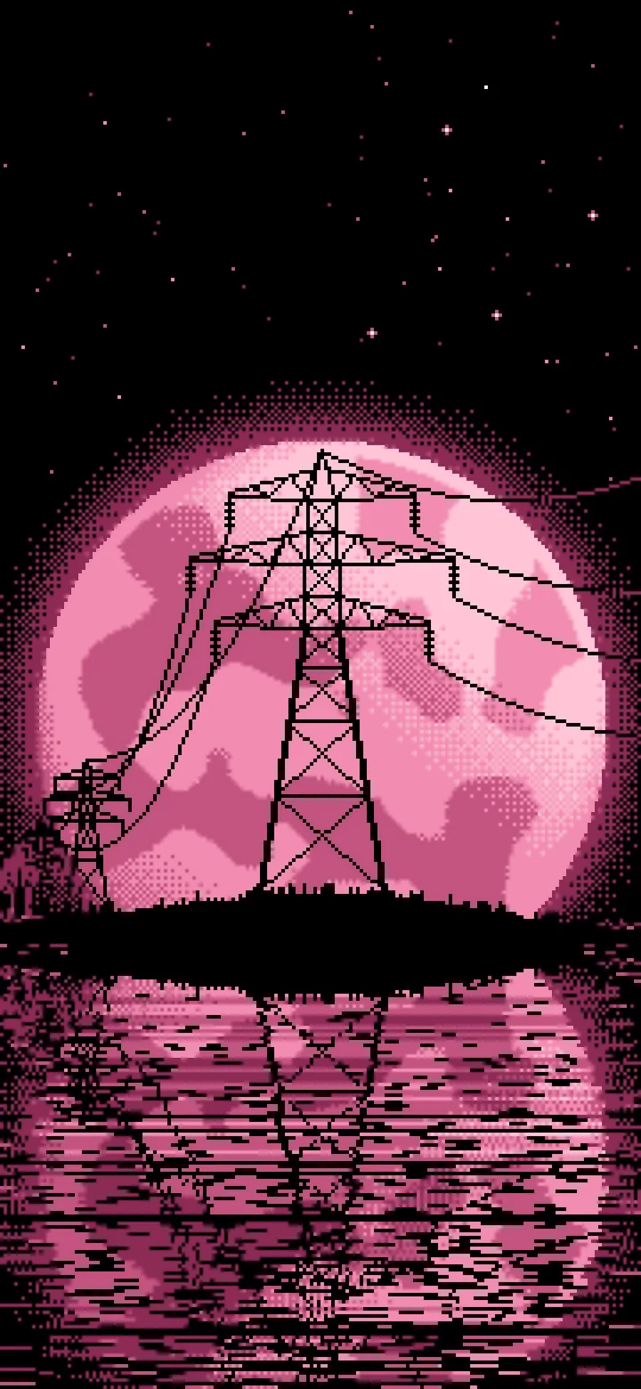 Pink Pixel Art Electricity Pylon and Full Moon wallpaper for iPhone and Android