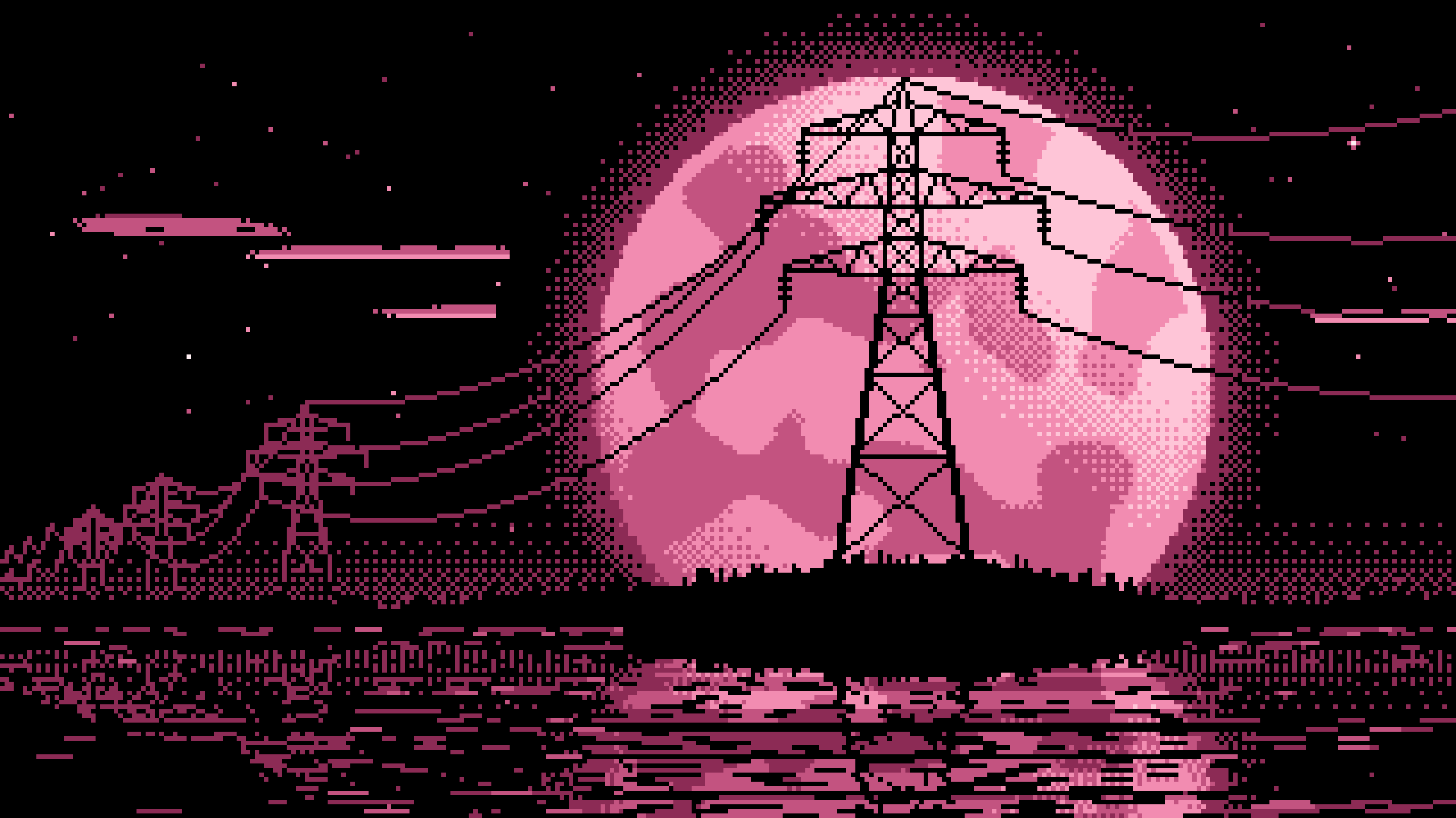 Pink Pixel Art Electricity Pylon and Full Moon desktop wallpaper in 4K
