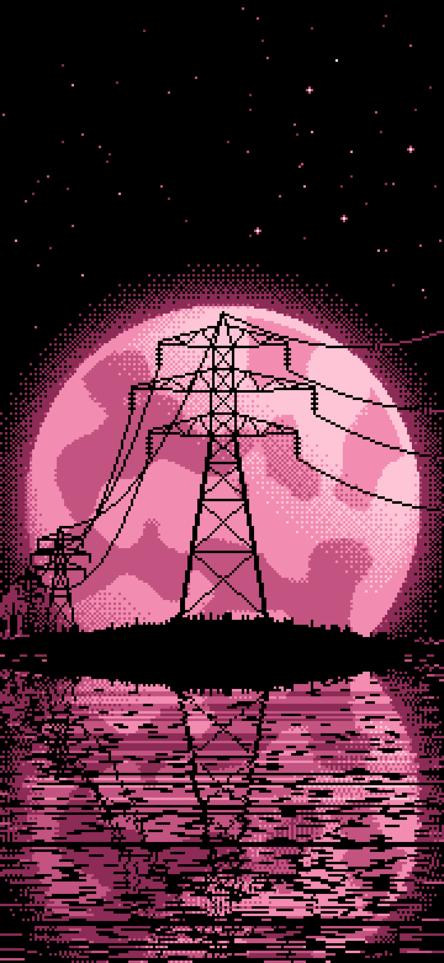 Pink Pixel Art Electricity Pylon and Full Moon wallpaper for iPhone and Android
