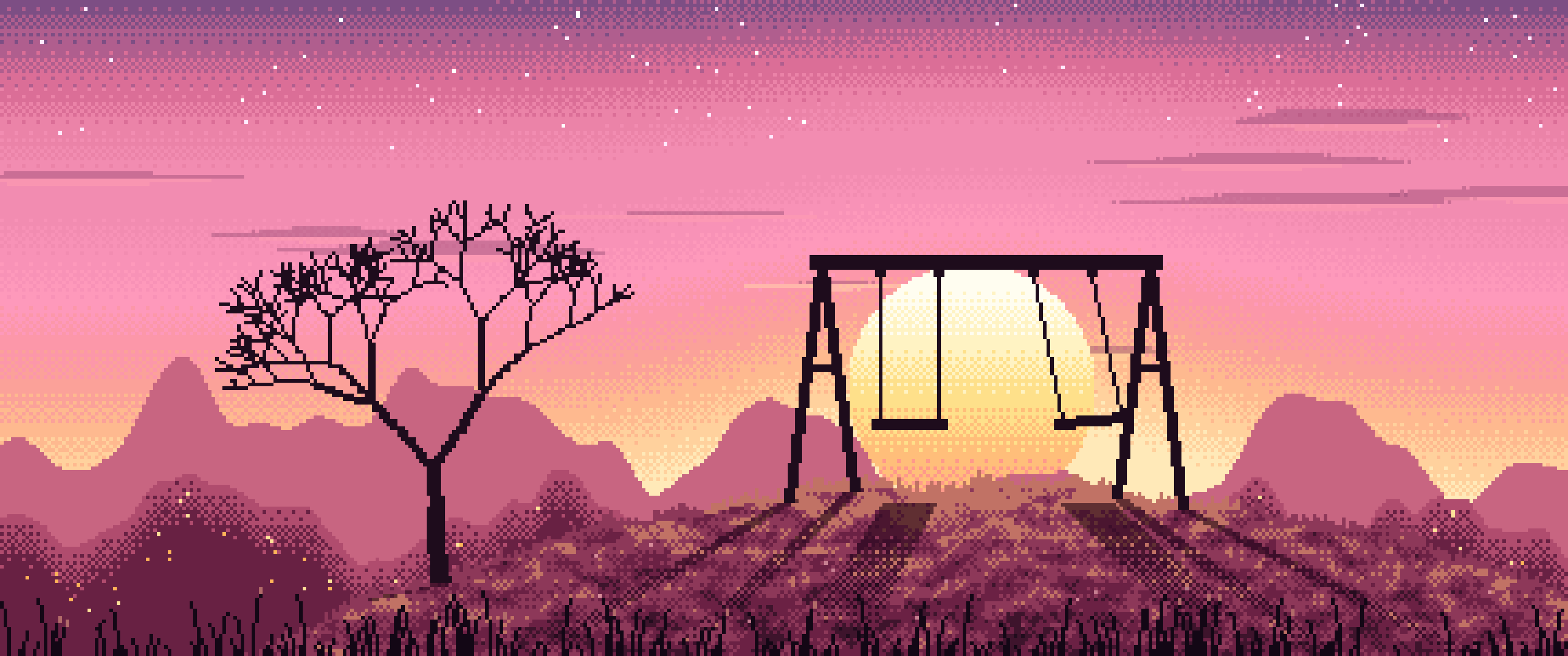 Pink Pixel Art Empty Swing at Dusk ultrawide wallpaper, 3440 × 1440