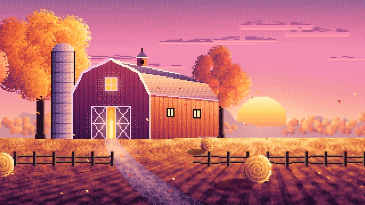 Pink Pixel Art Fall Barn at Sunset desktop wallpaper in 4K