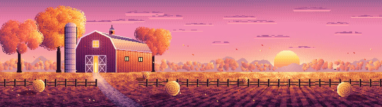 Pink Pixel Art Fall Barn at Sunset dual monitor wallpaper, 7680 × 2160
