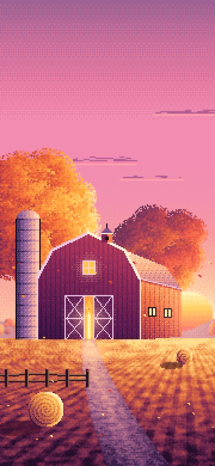 Pink Pixel Art Fall Barn at Sunset wallpaper for iPhone and Android