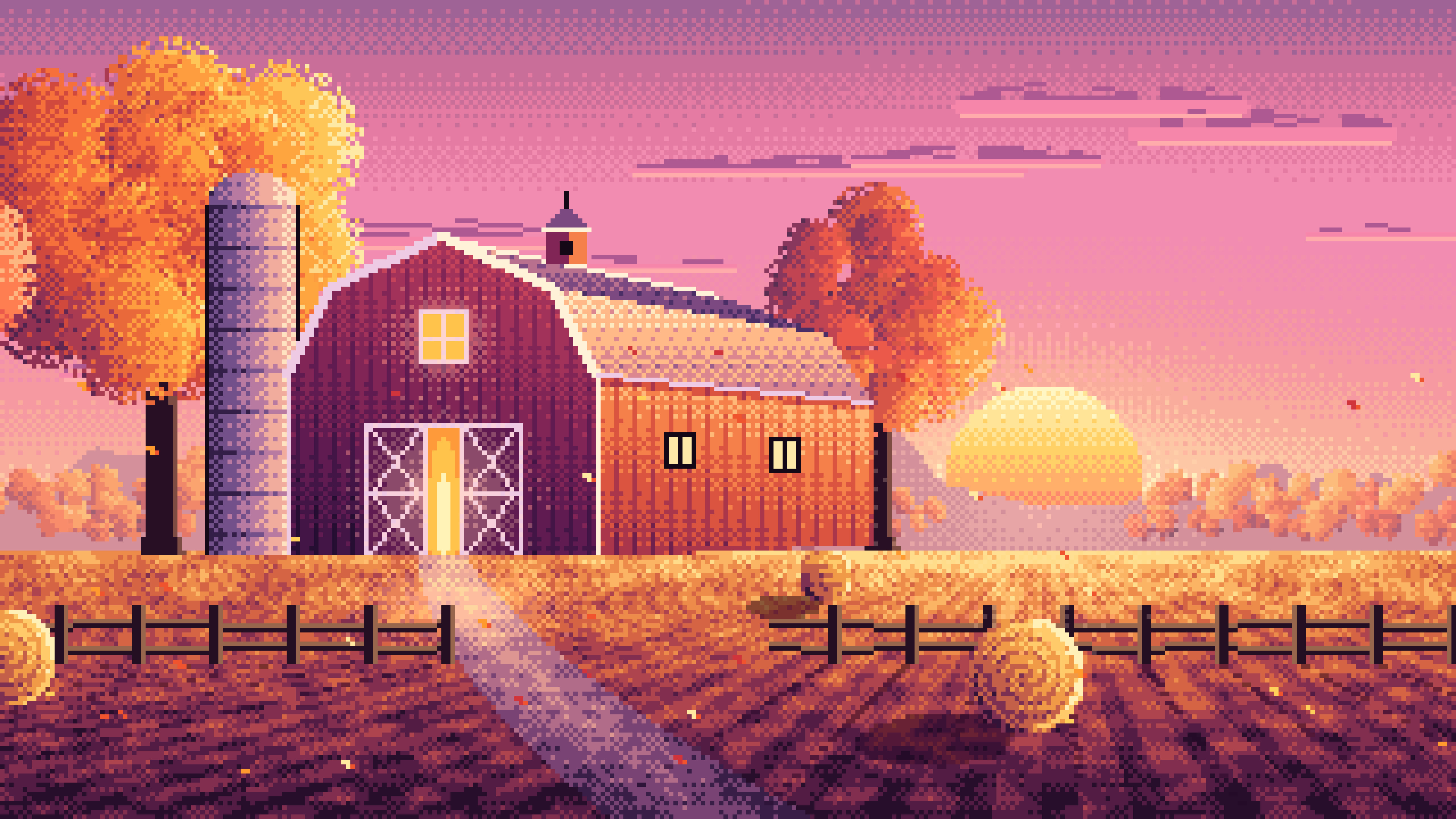Pink Pixel Art Fall Barn at Sunset desktop wallpaper in 4K