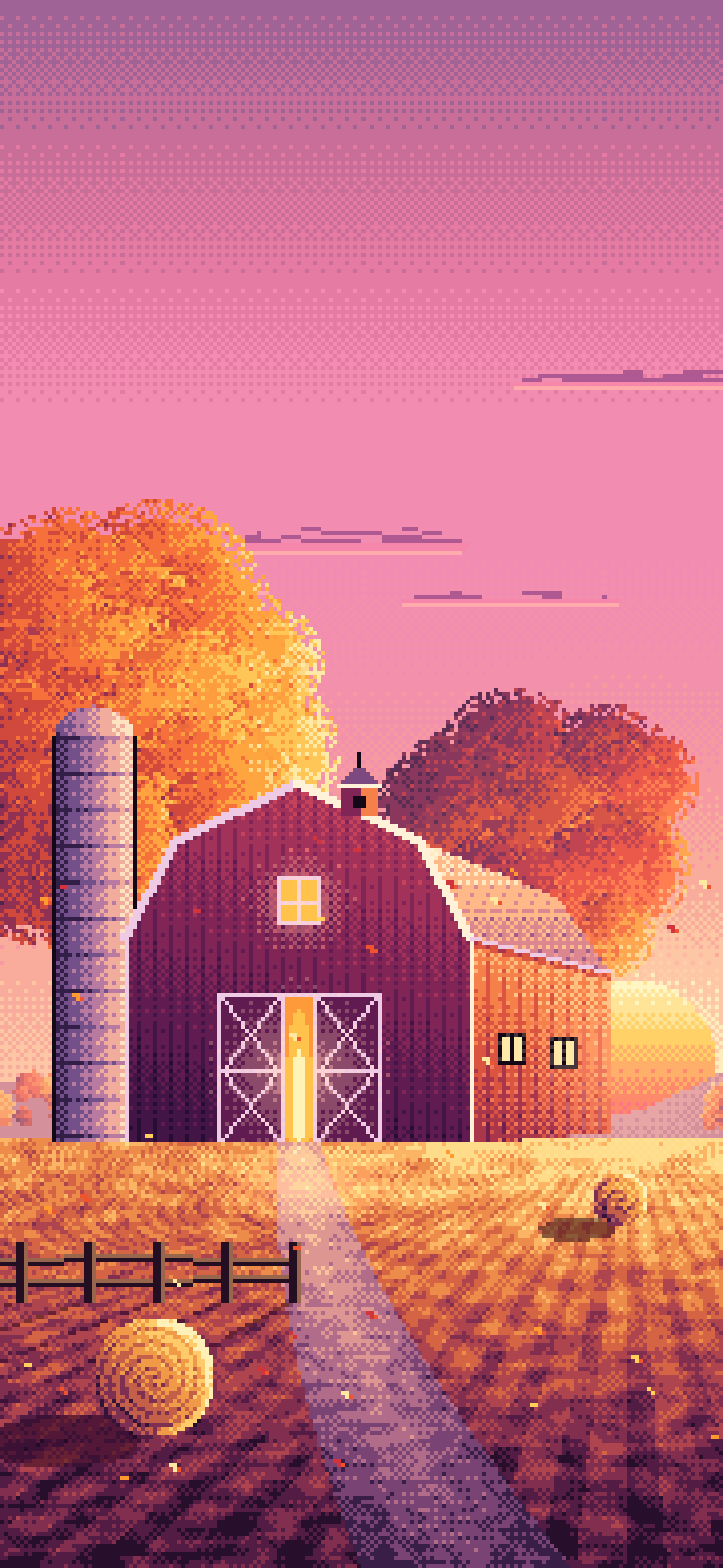 Pink Pixel Art Fall Barn at Sunset wallpaper for iPhone and Android