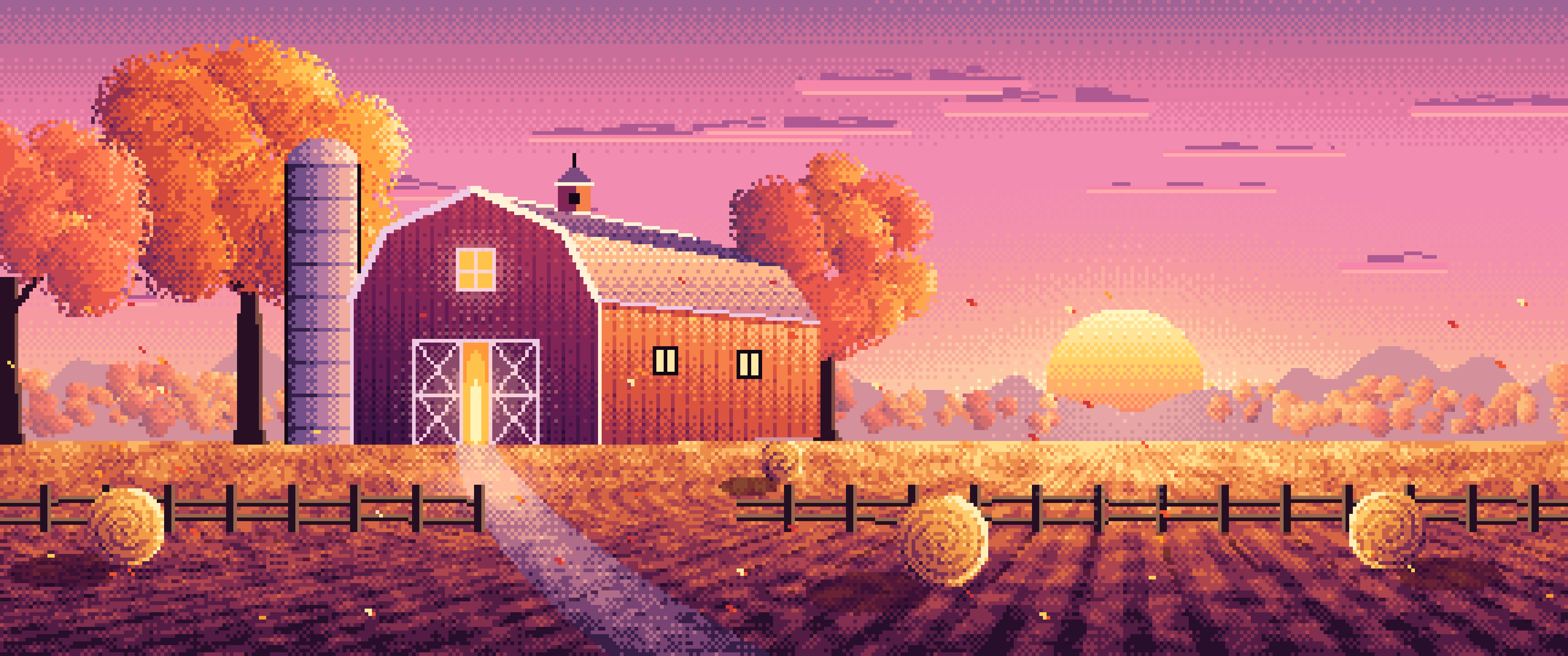 Pink Pixel Art Fall Barn at Sunset ultrawide wallpaper, 3440 × 1440