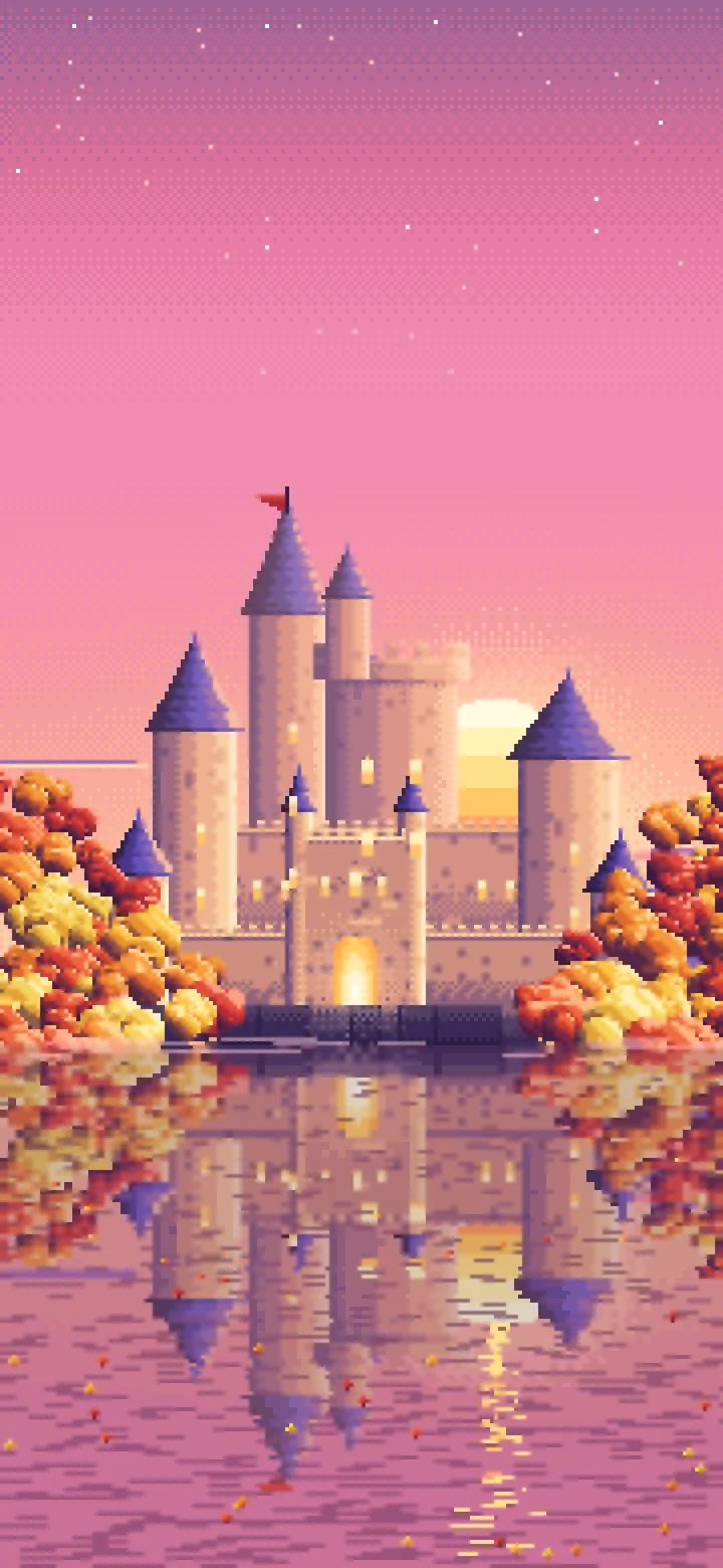 Pink Pixel Art Fall Fantasy Castle on a Lake wallpaper for iPhone and Android
