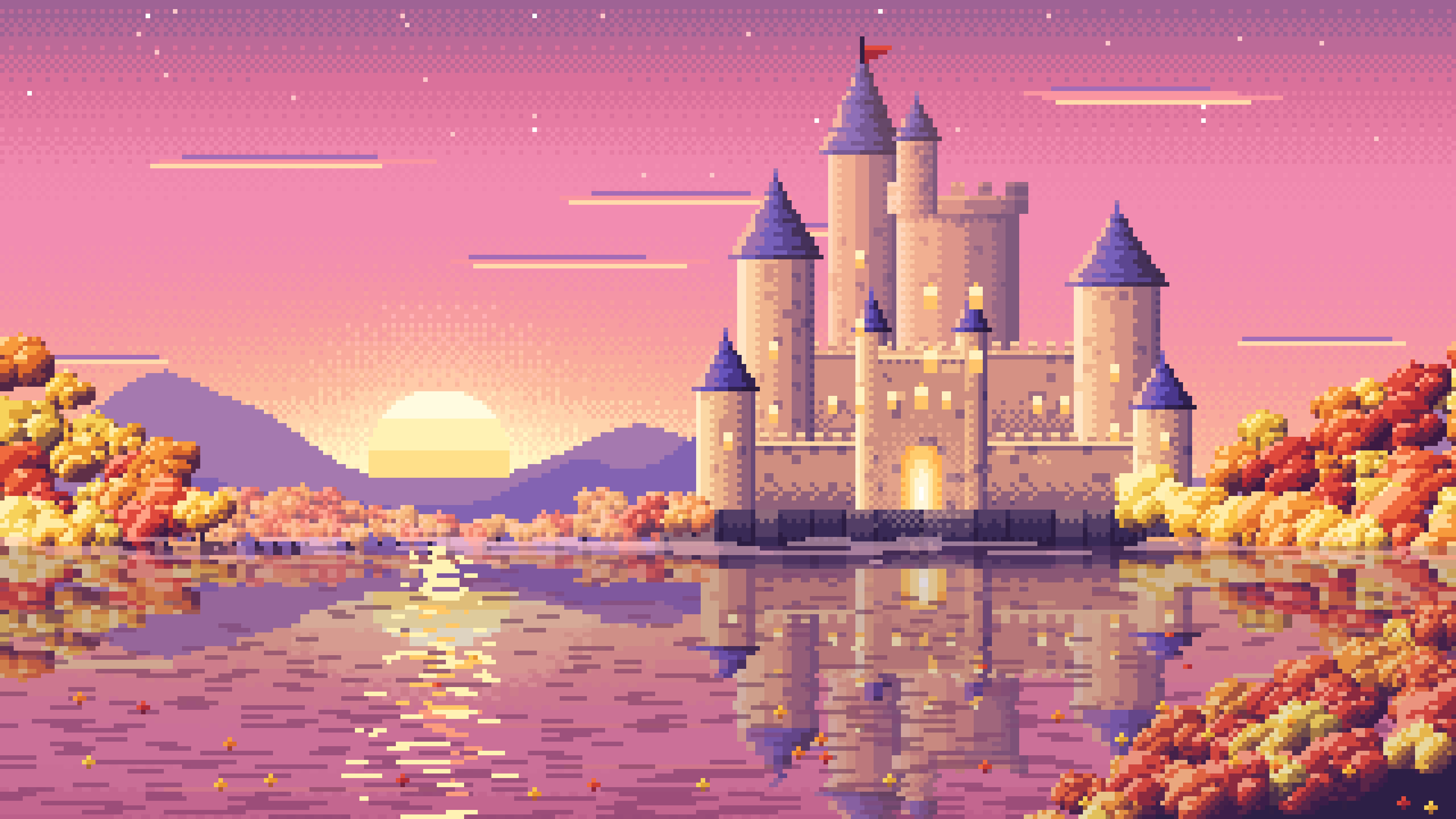 Pink Pixel Art Fall Fantasy Castle on a Lake desktop wallpaper in 4K