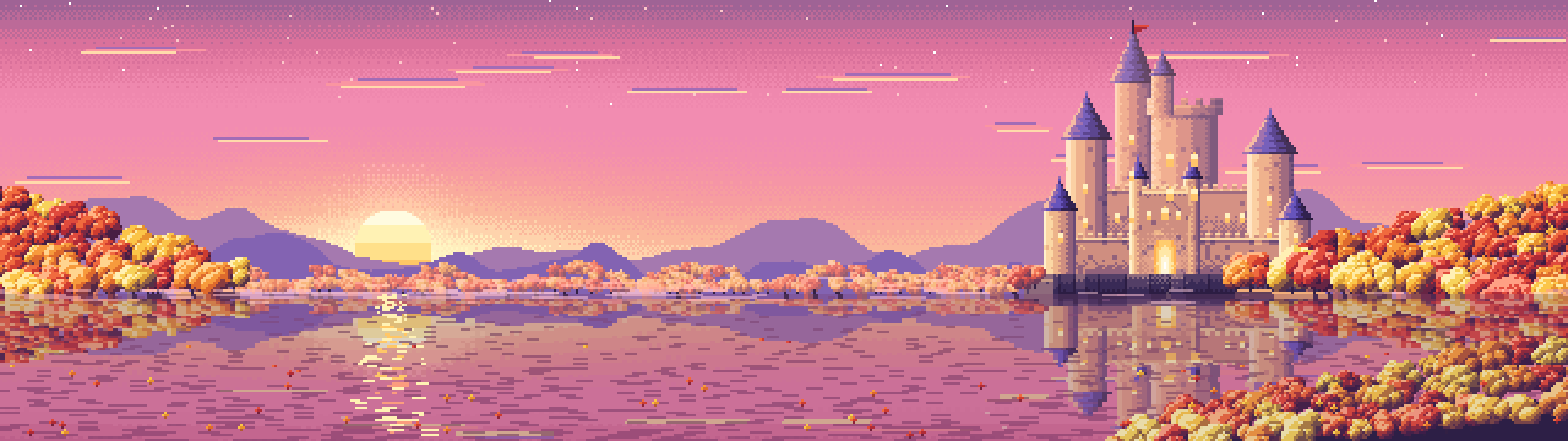 Pink Pixel Art Fall Fantasy Castle on a Lake dual monitor wallpaper, 7680 × 2160