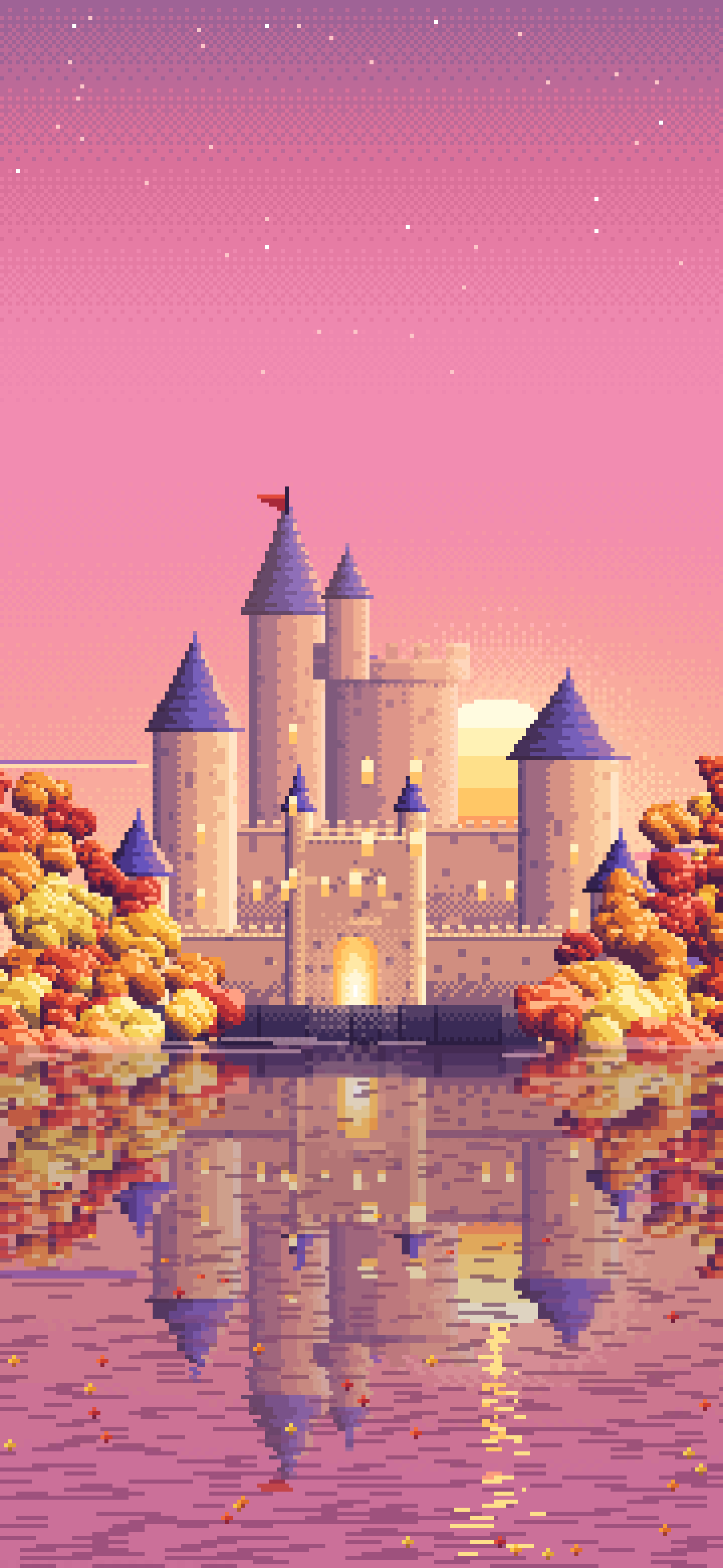 Pink Pixel Art Fall Fantasy Castle on a Lake wallpaper for iPhone and Android