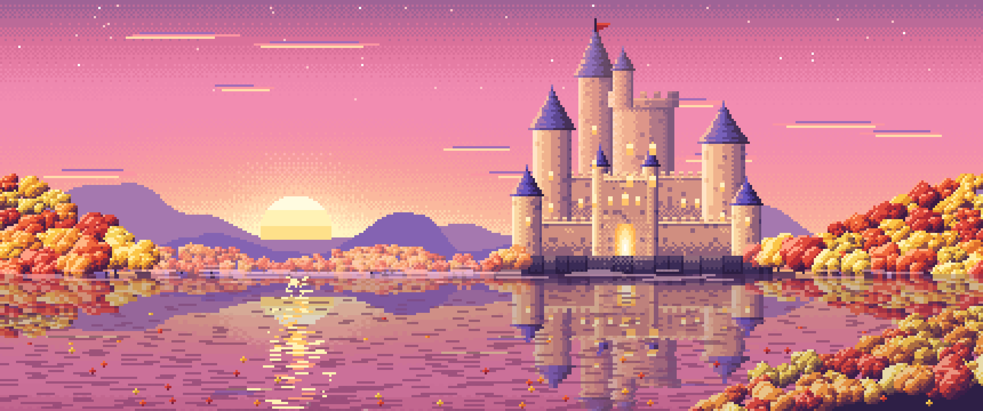 Pink Pixel Art Fall Fantasy Castle on a Lake ultrawide wallpaper, 3440 × 1440