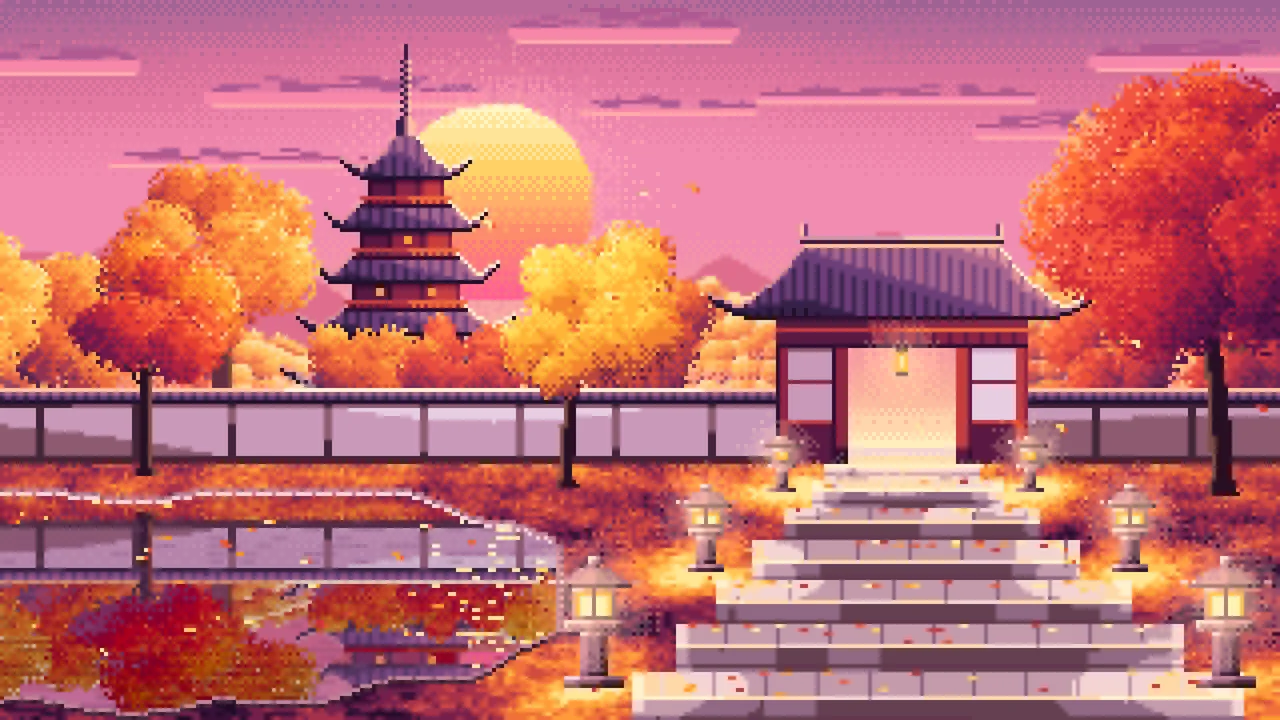 Pink Pixel Art Fall Japanese Temple desktop wallpaper in 4K