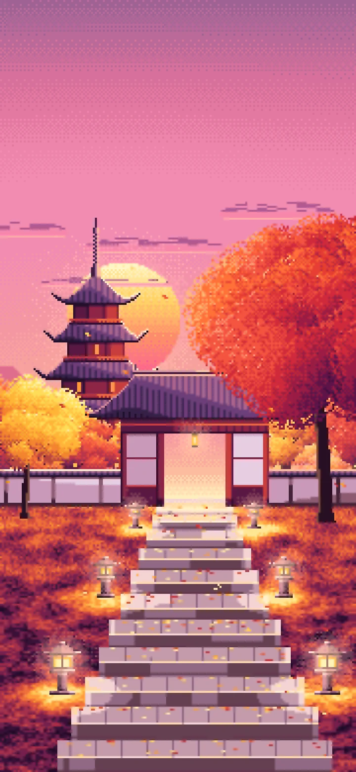Pink Pixel Art Fall Japanese Temple wallpaper for iPhone and Android
