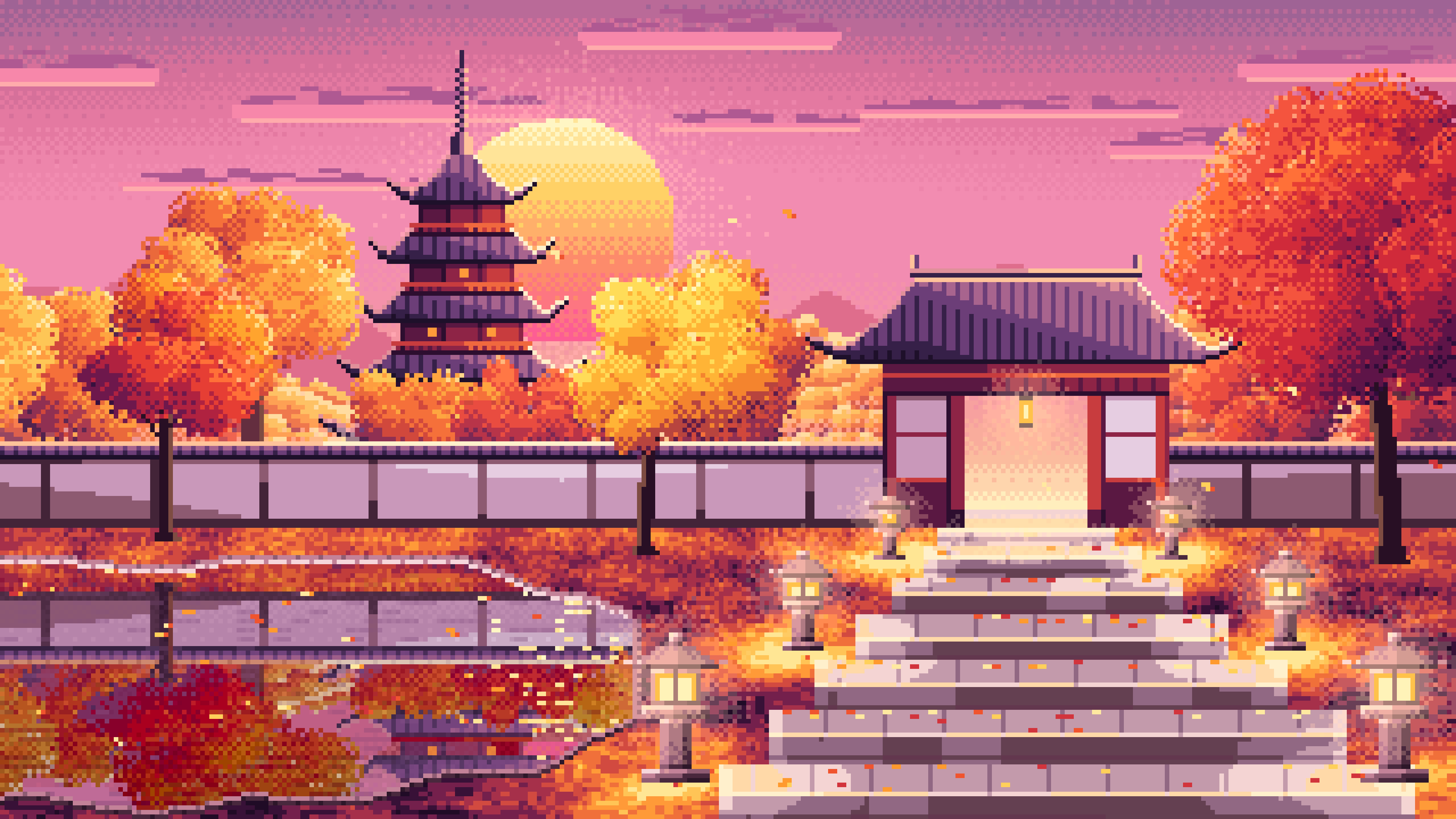 Pink Pixel Art Fall Japanese Temple desktop wallpaper in 4K