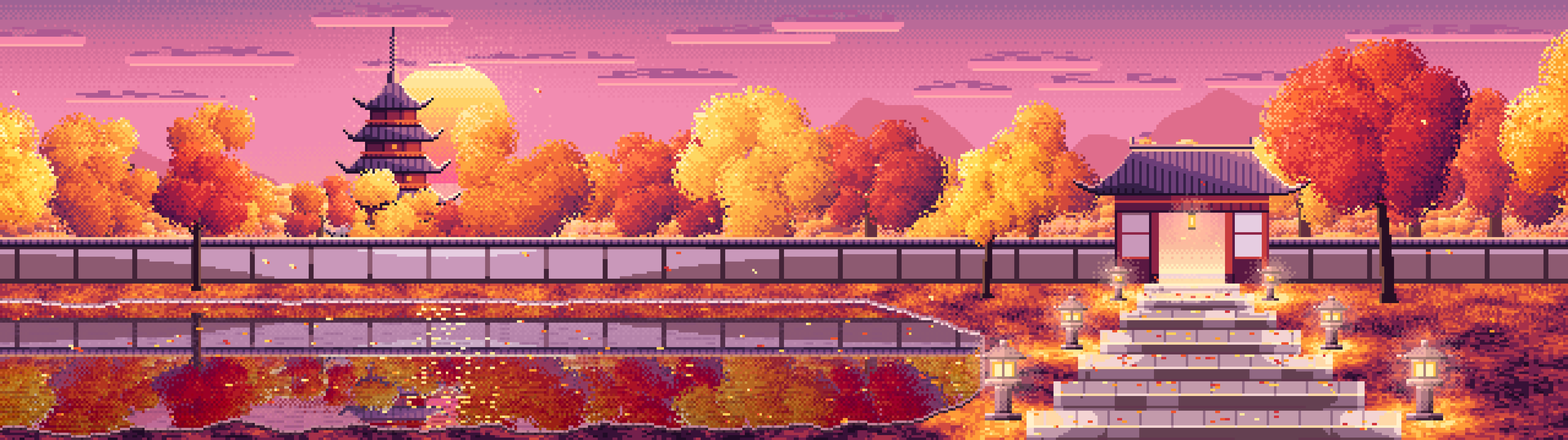 Pink Pixel Art Fall Japanese Temple dual monitor wallpaper, 7680 × 2160