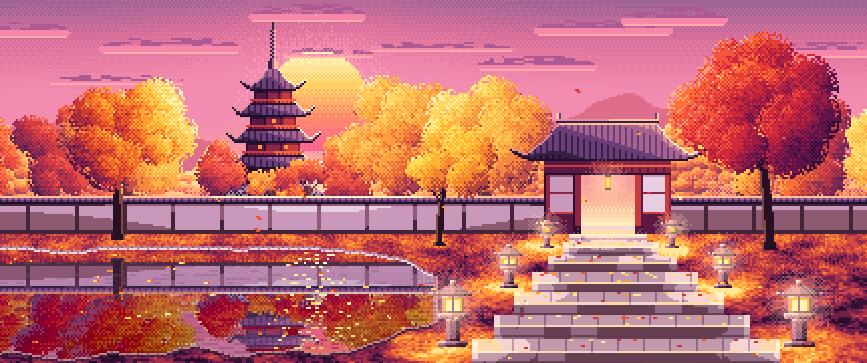 Pink Pixel Art Fall Japanese Temple ultrawide wallpaper, 3440 × 1440