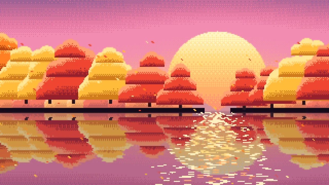 Pink Pixel Art Fall Lake desktop wallpaper in 4K