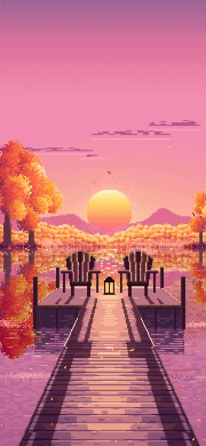 Pink Pixel Art Fall Lake Pier at Sunrise wallpaper for iPhone and Android