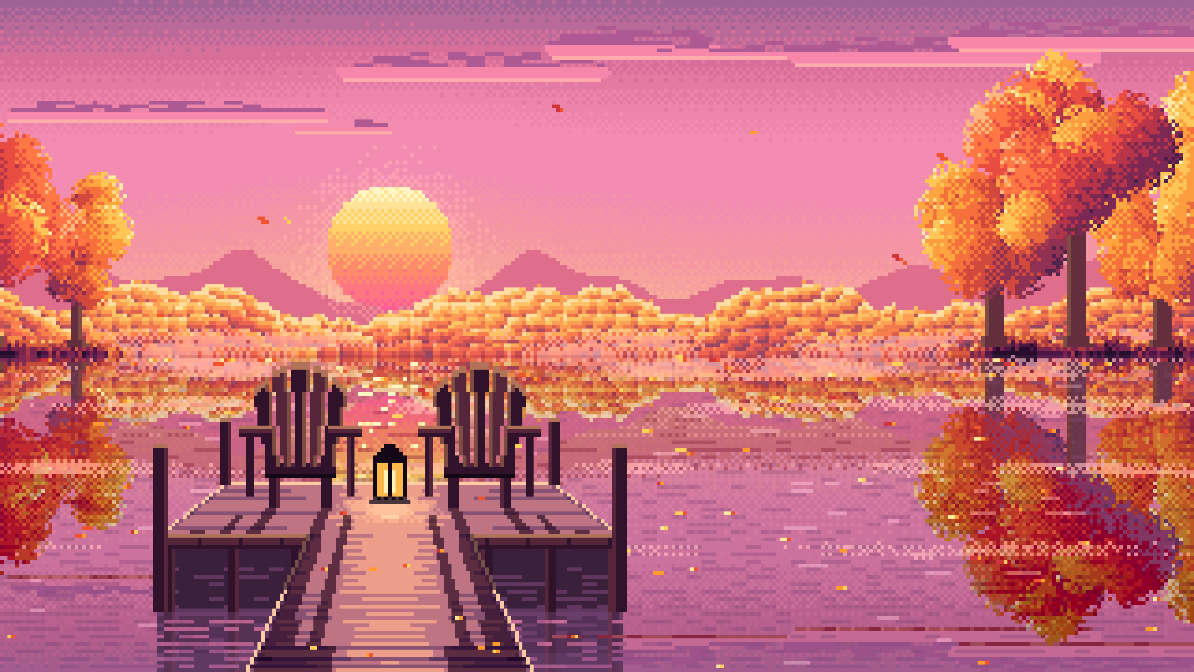 Pink Pixel Art Fall Lake Pier at Sunrise desktop wallpaper in 4K