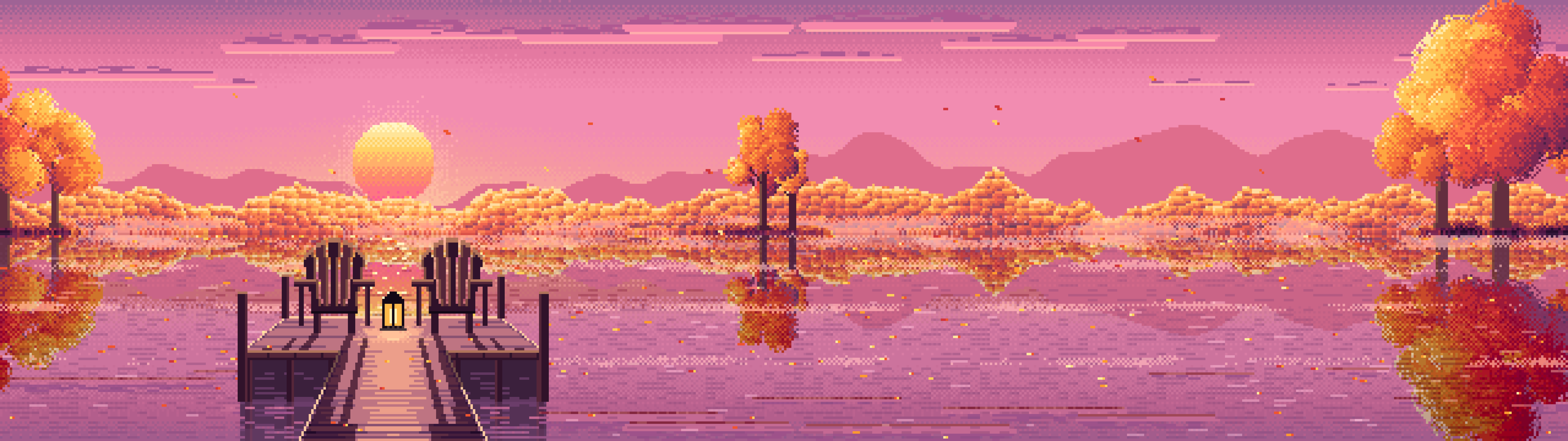 Pink Pixel Art Fall Lake Pier at Sunrise dual monitor wallpaper, 7680 × 2160