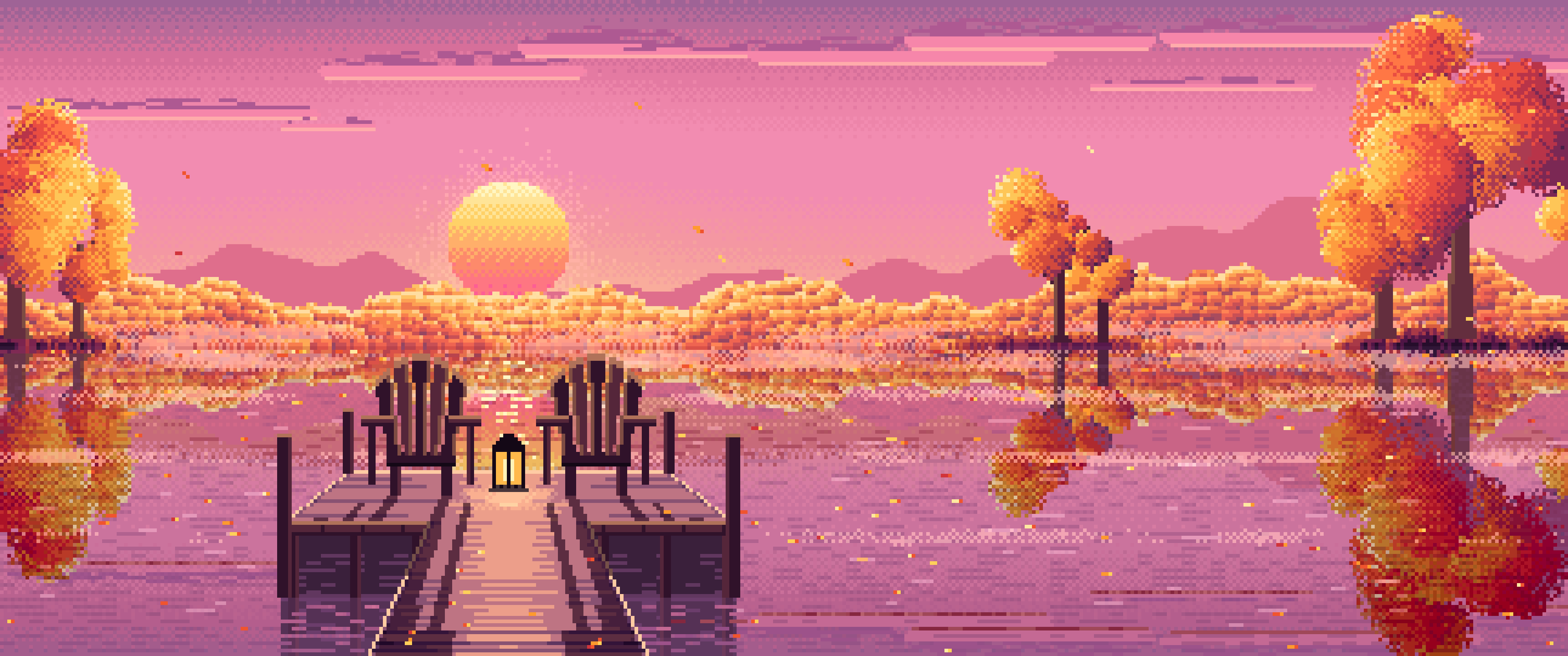 Pink Pixel Art Fall Lake Pier at Sunrise ultrawide wallpaper, 3440 × 1440