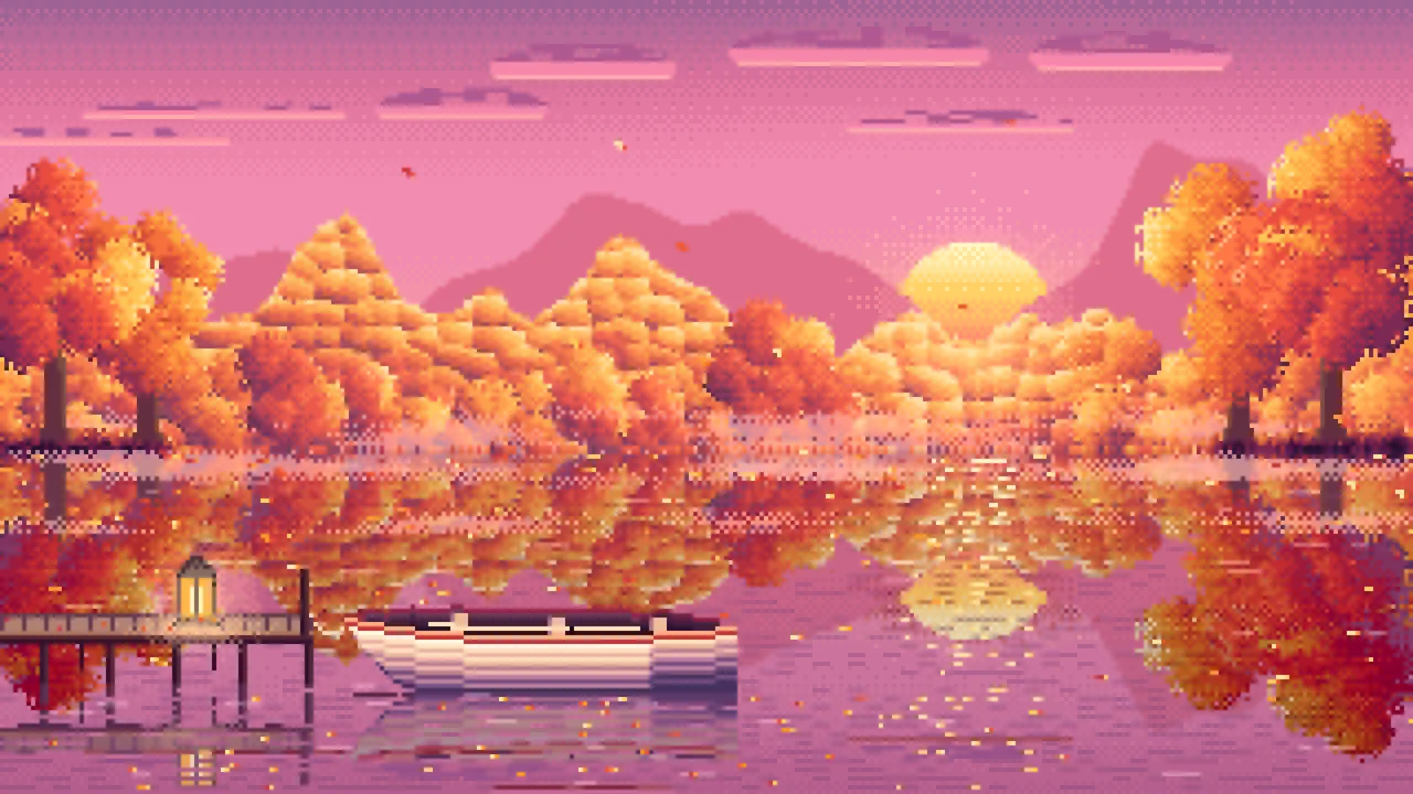 Pink Pixel Art Fall Lake Rowboat desktop wallpaper in 4K