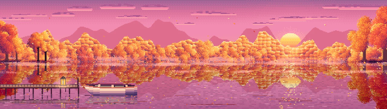 Pink Pixel Art Fall Lake Rowboat dual monitor wallpaper, 7680 × 2160