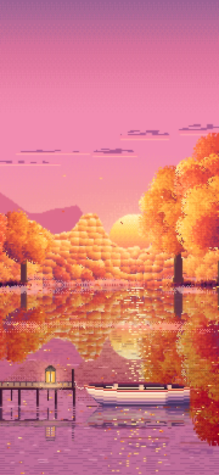 Pink Pixel Art Fall Lake Rowboat wallpaper for iPhone and Android