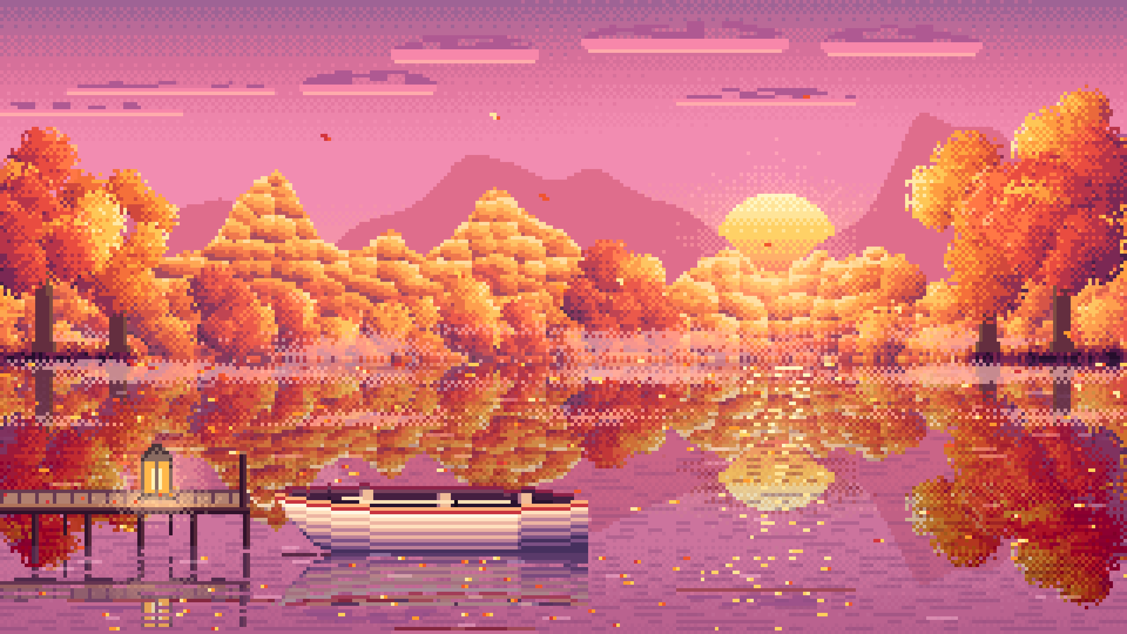 Pink Pixel Art Fall Lake Rowboat desktop wallpaper in 4K