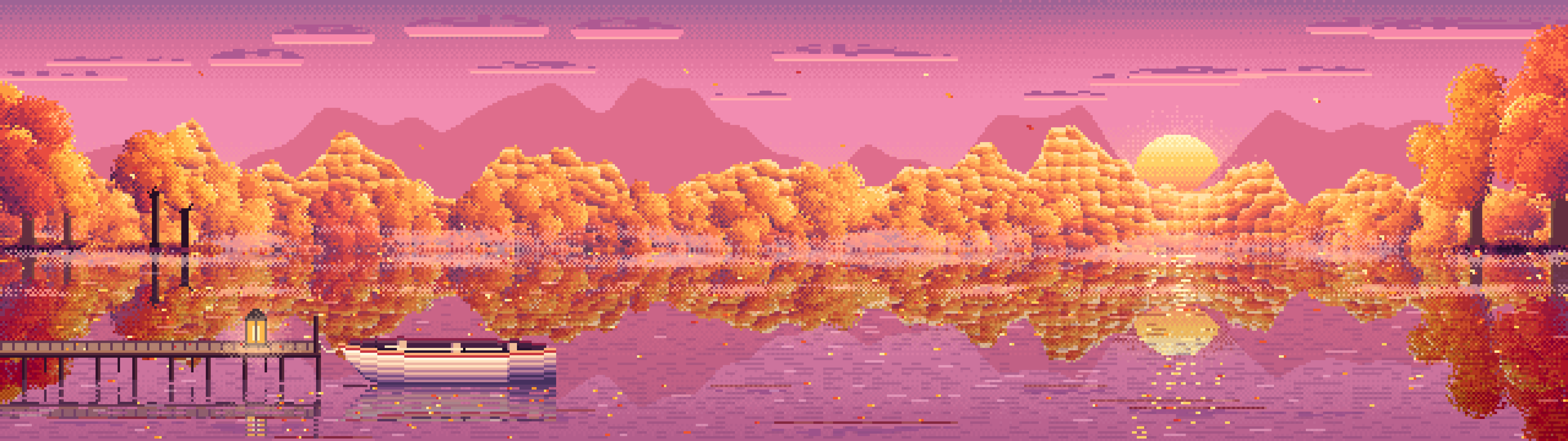 Pink Pixel Art Fall Lake Rowboat dual monitor wallpaper, 7680 × 2160