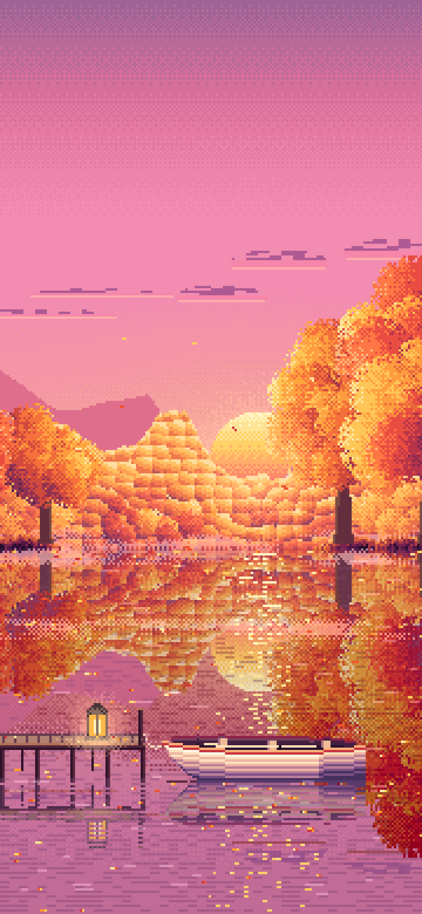 Pink Pixel Art Fall Lake Rowboat wallpaper for iPhone and Android