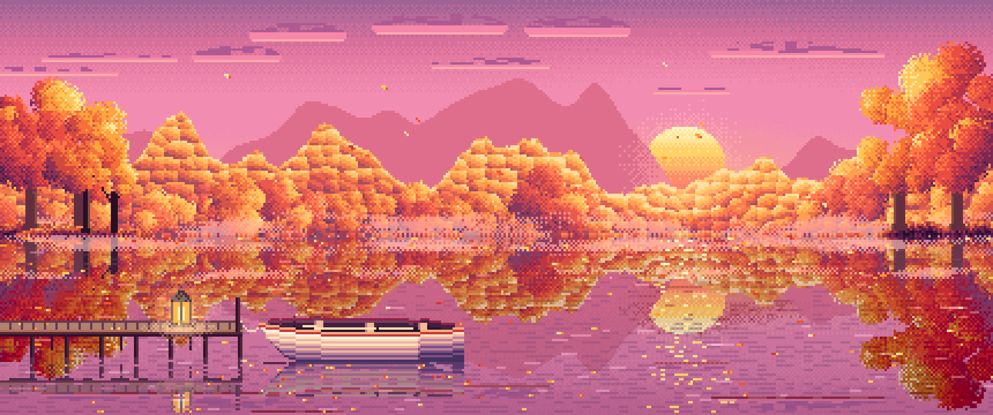 Pink Pixel Art Fall Lake Rowboat ultrawide wallpaper, 3440 × 1440