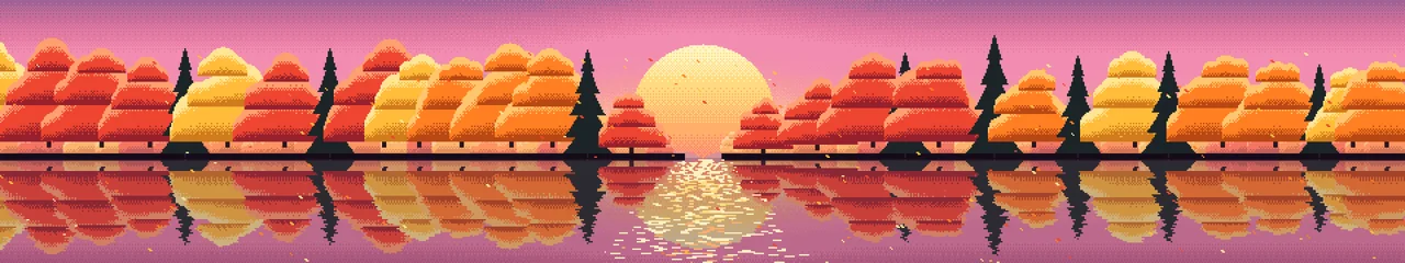 Pink Pixel Art Fall Lake triple monitor wallpaper, 7680 × 1440