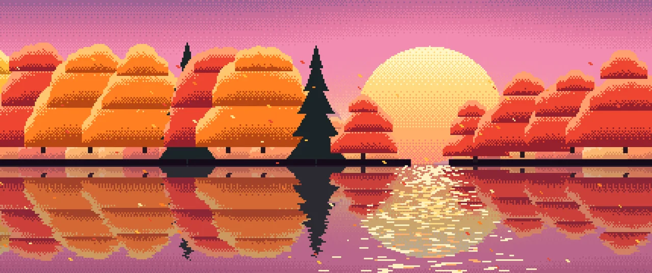 Pink Pixel Art Fall Lake ultrawide wallpaper, 3440 × 1440